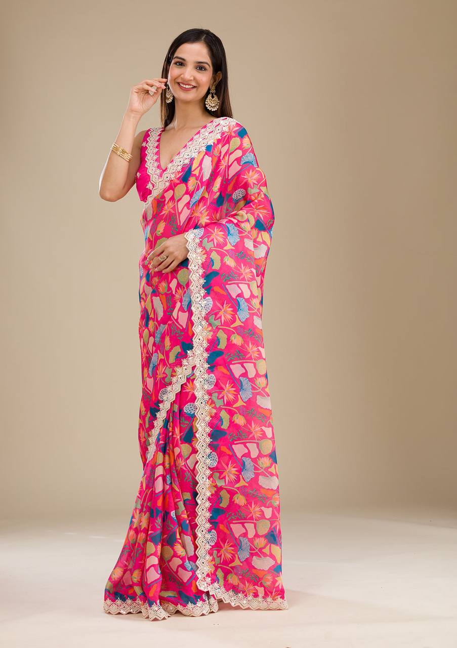 Party Wear Designer Saree With Embroidery Codding & Sequins Work