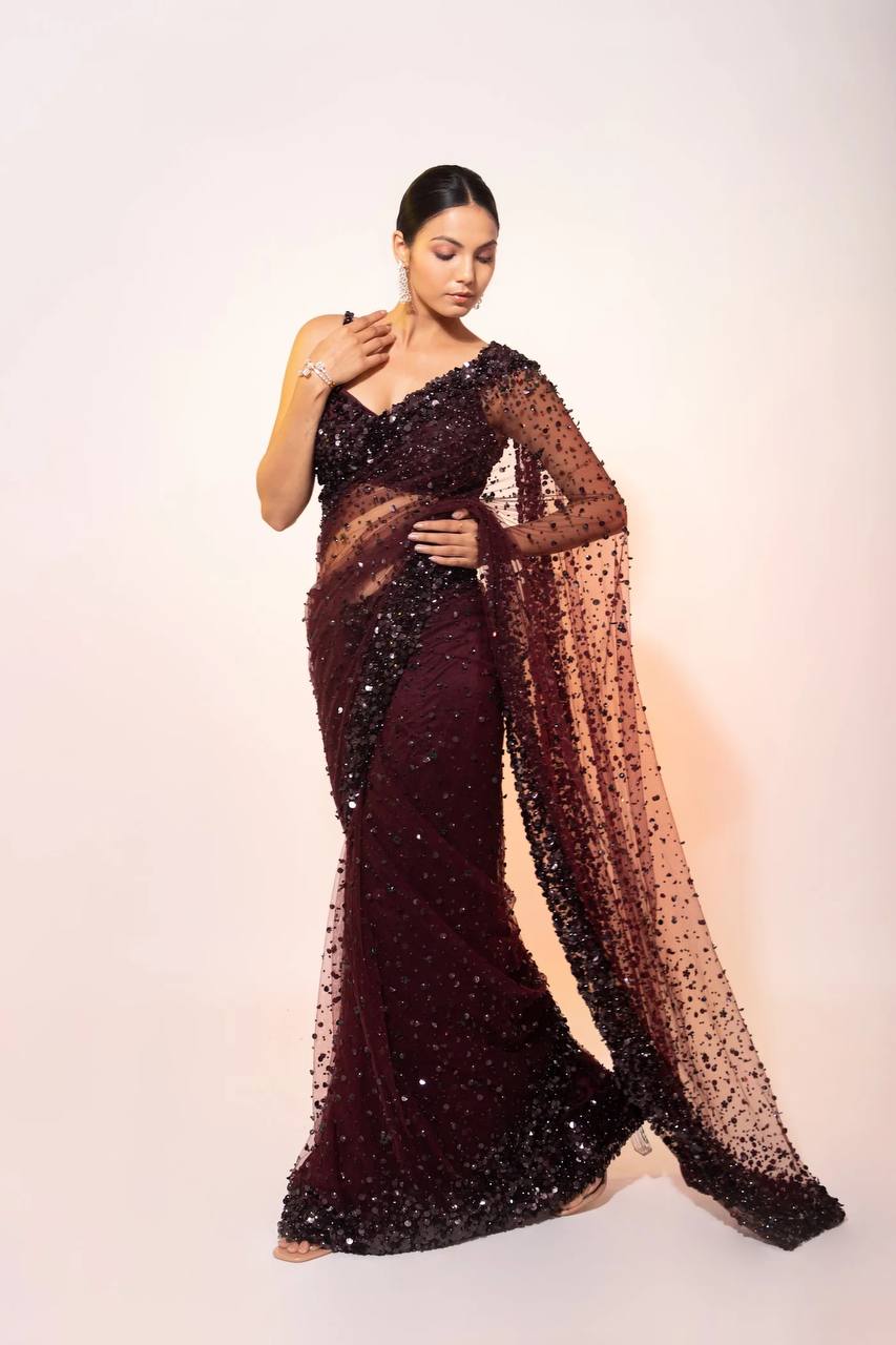 Party Wear Designer Saree With Sequence & Thread Work