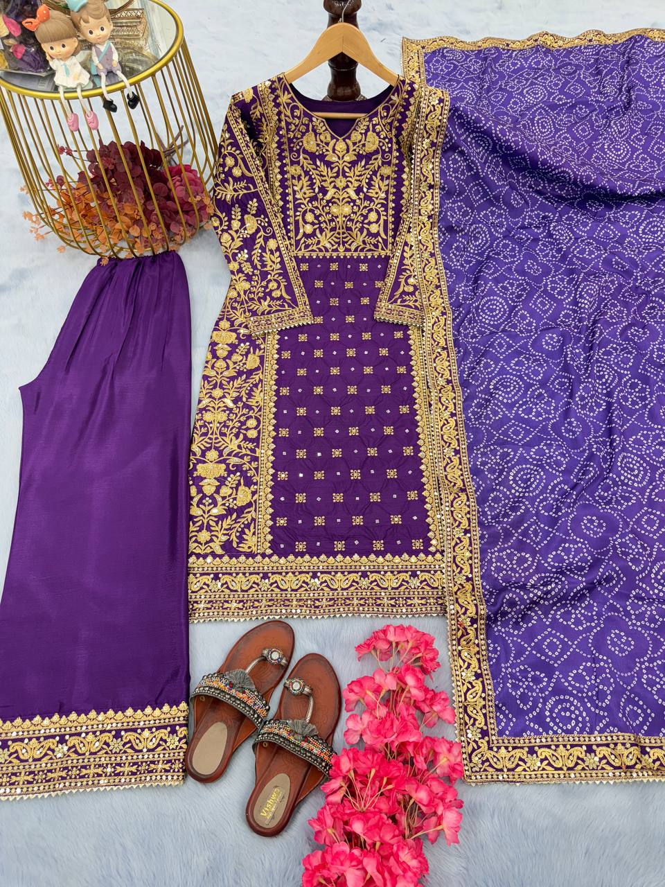 Designer Trending Silk Top Plazzo & Printed Dupatta