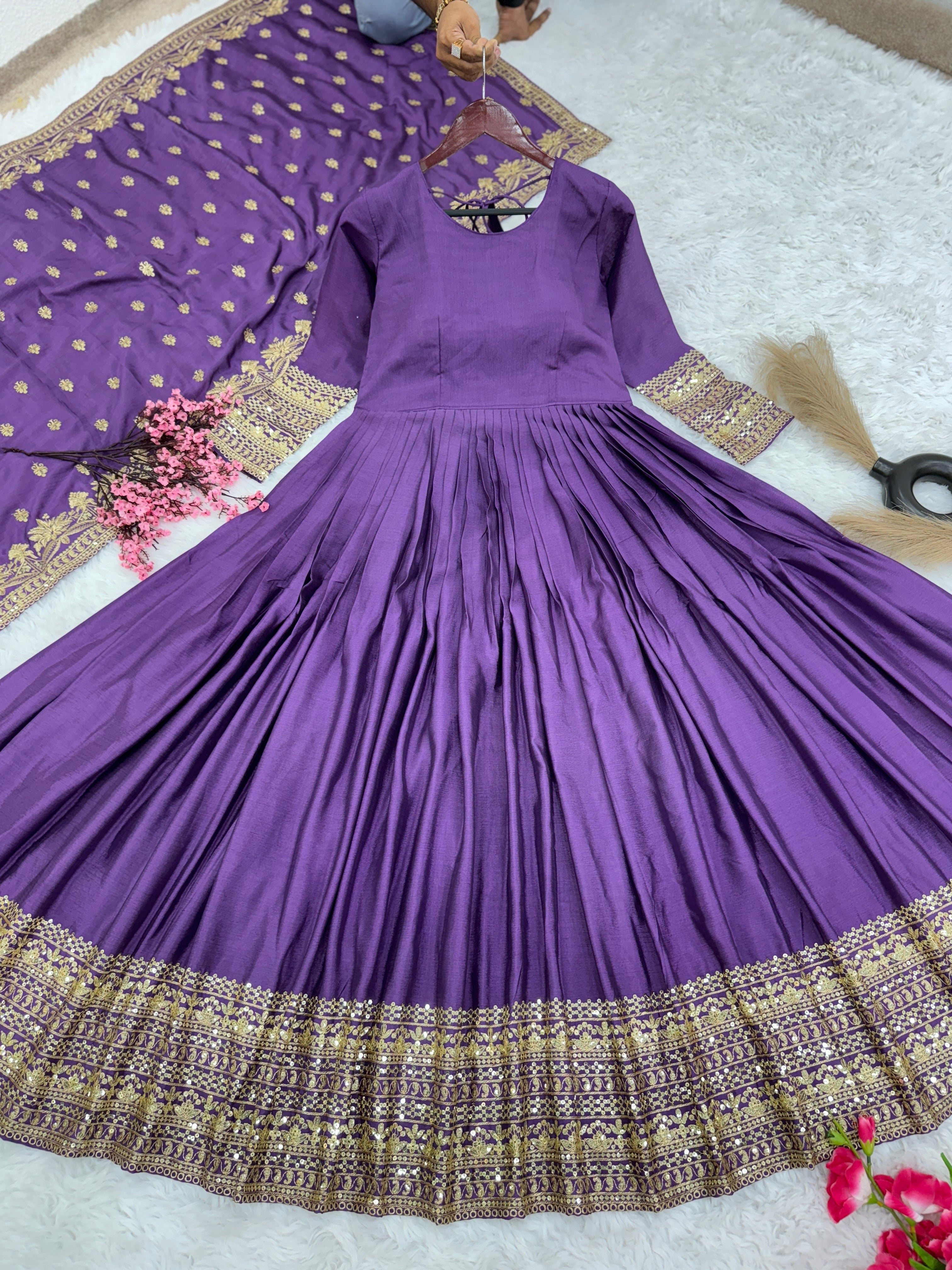 Designer Party Wear Look Full Heavy Embroidery Sequence Work Gown With Pent And Dupatta