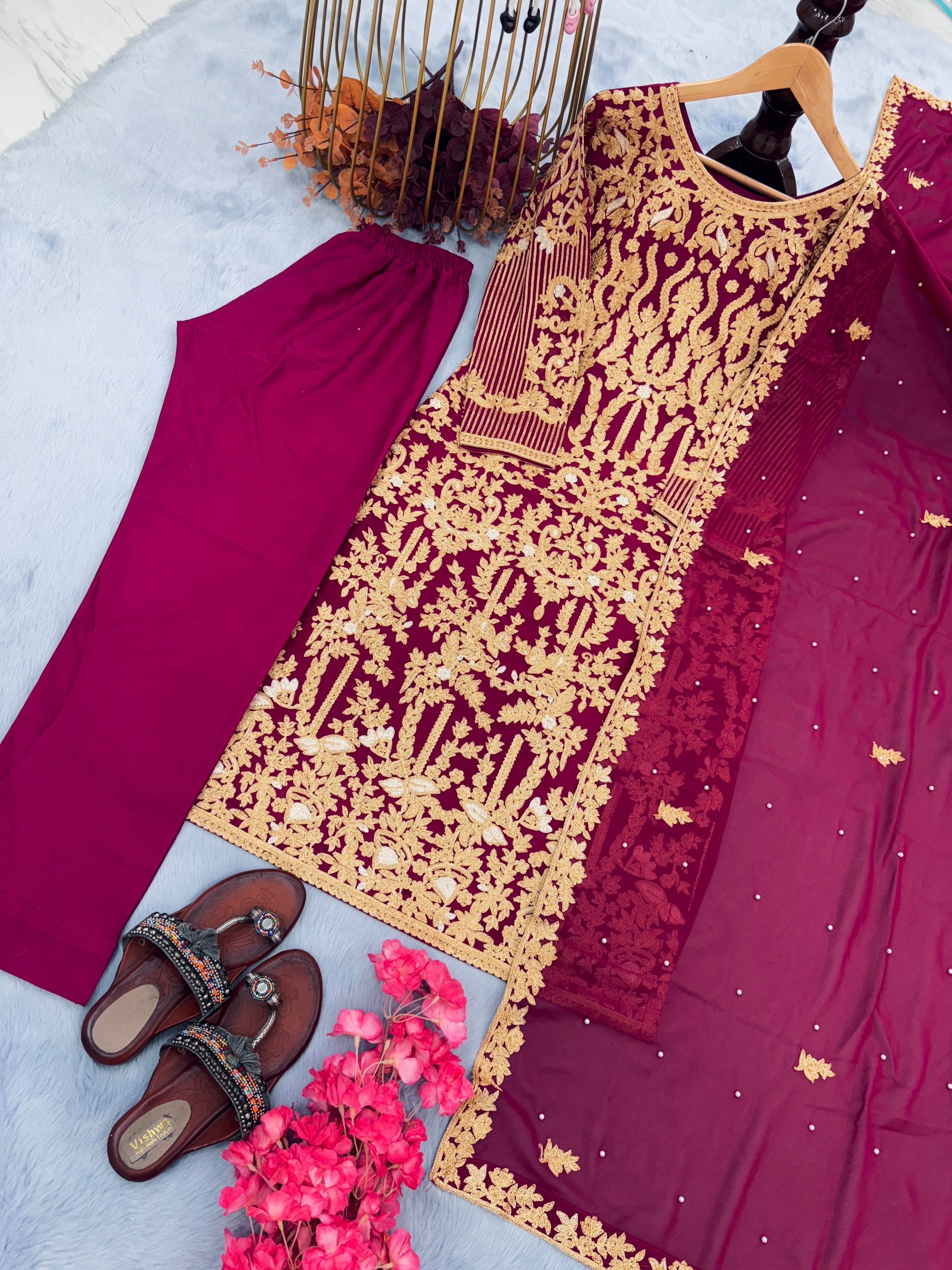 Designer Party Wear Look Heavy Faux Georgette Top Bottom & Dupatta Set