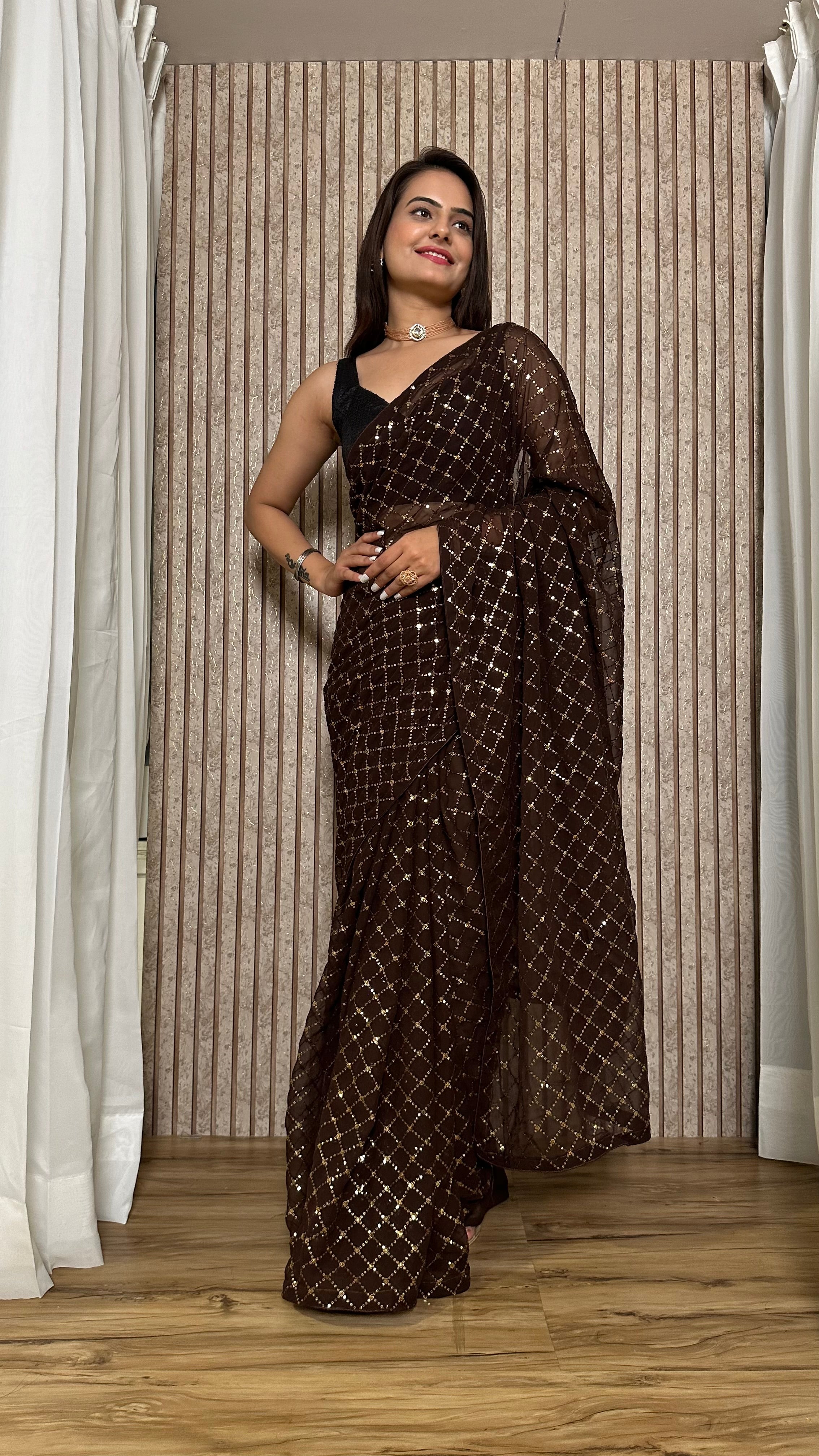 Party Wear Designer Saree With Sequence Work All Over