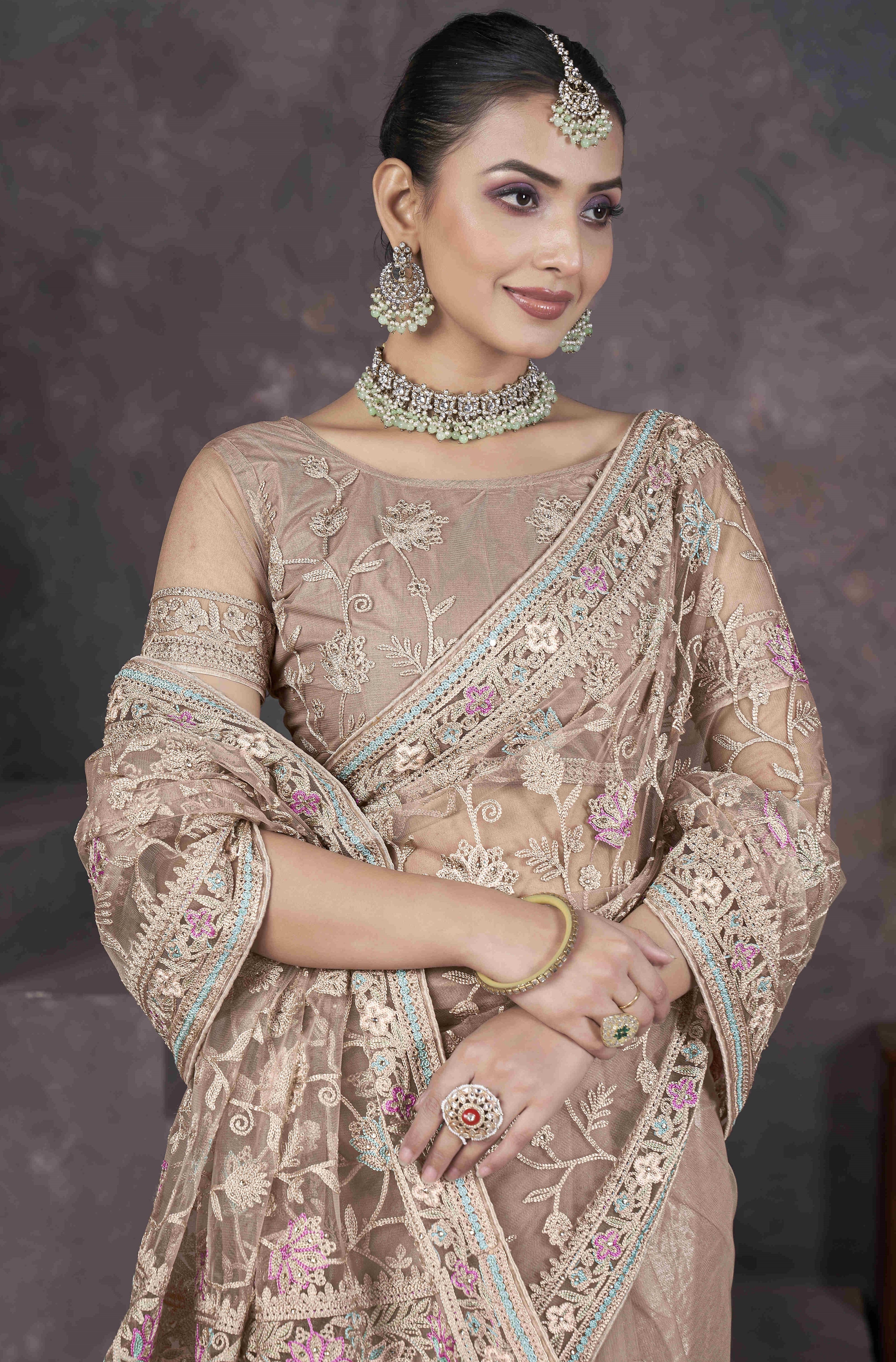 डिज़ाइनर पार्टी वियर लुक कढ़ाई साड़ी