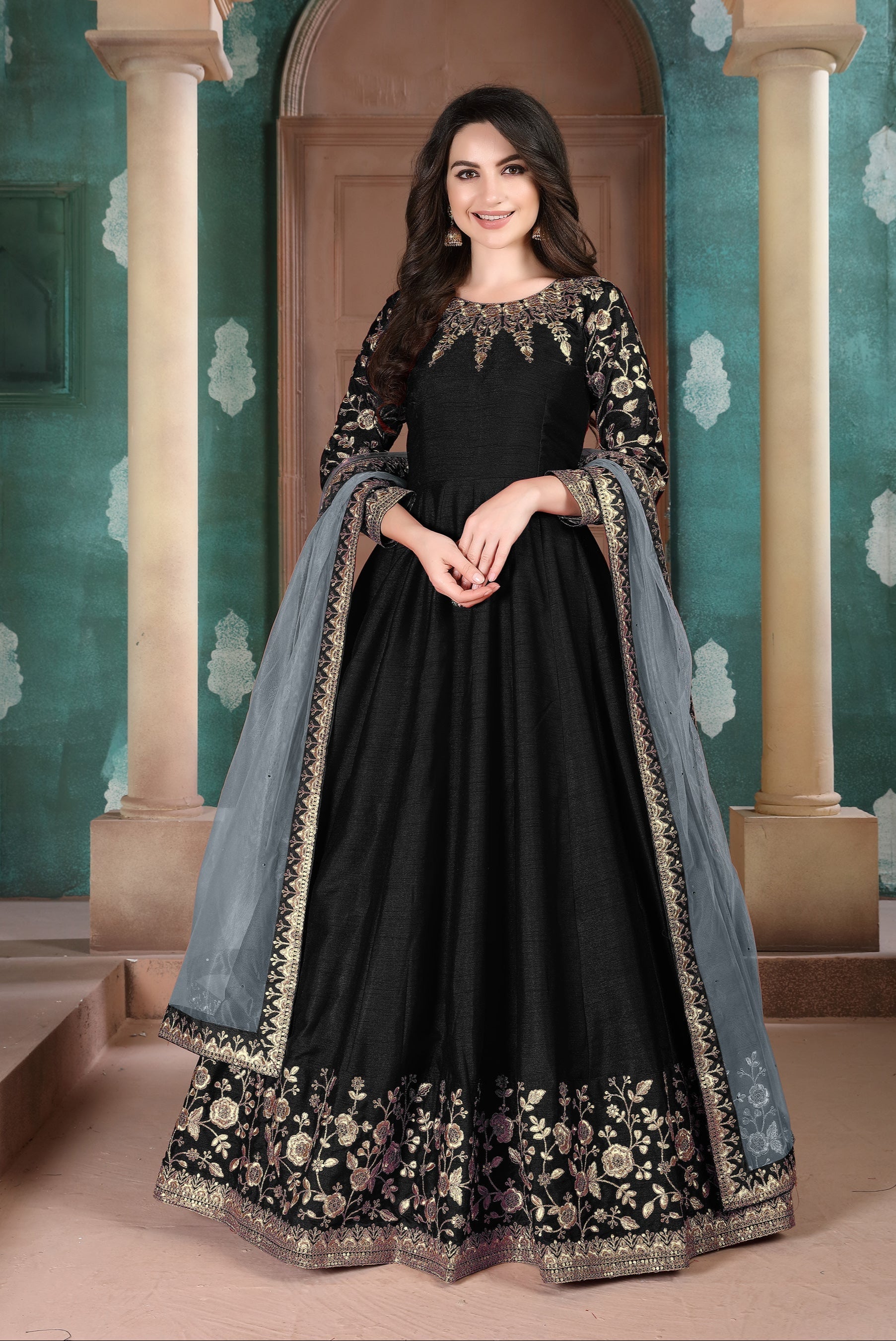 Party Wear Look Designer Anarkali Gown, Bottom And Dupatta