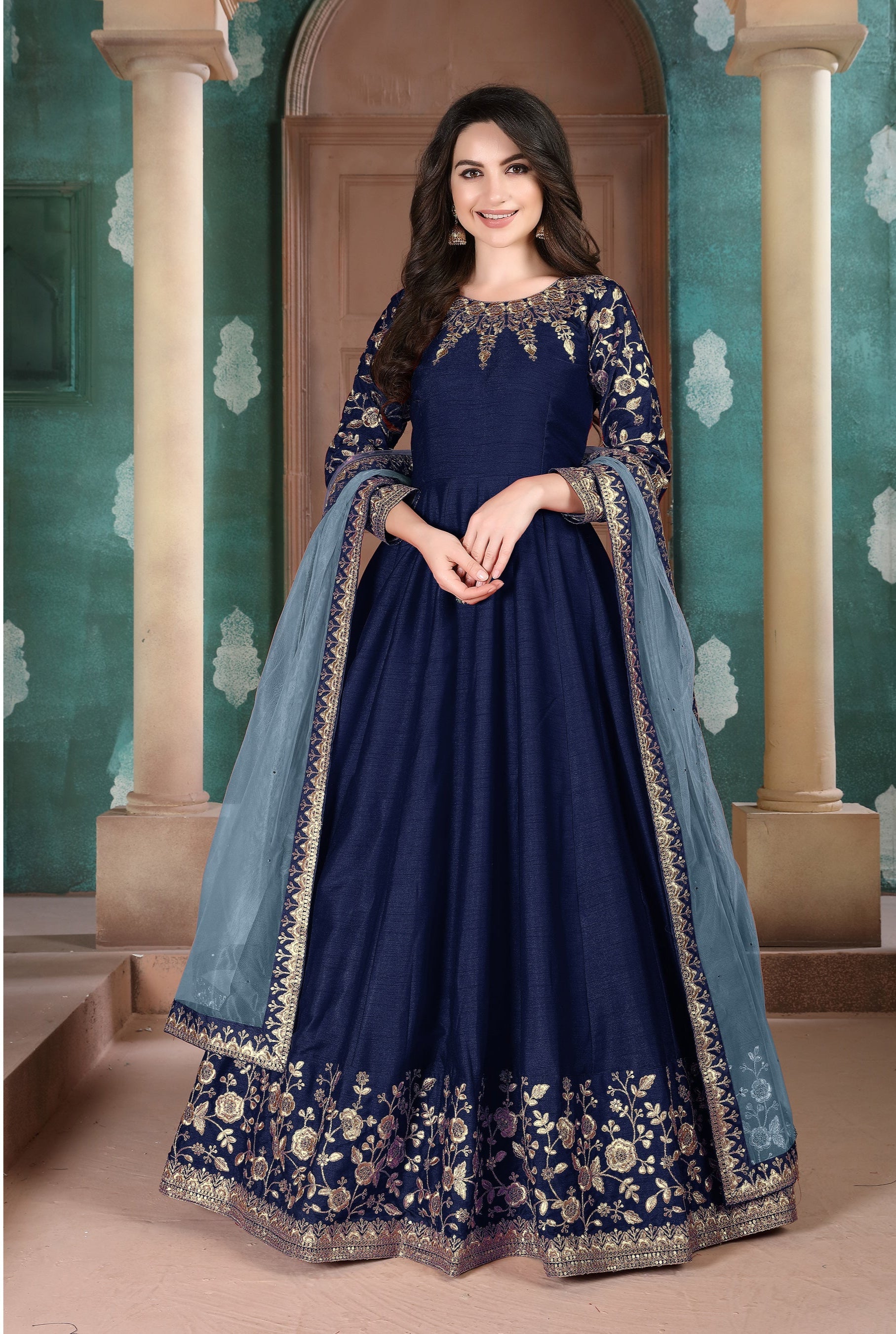 Party Wear Look Designer Anarkali Gown, Bottom And Dupatta