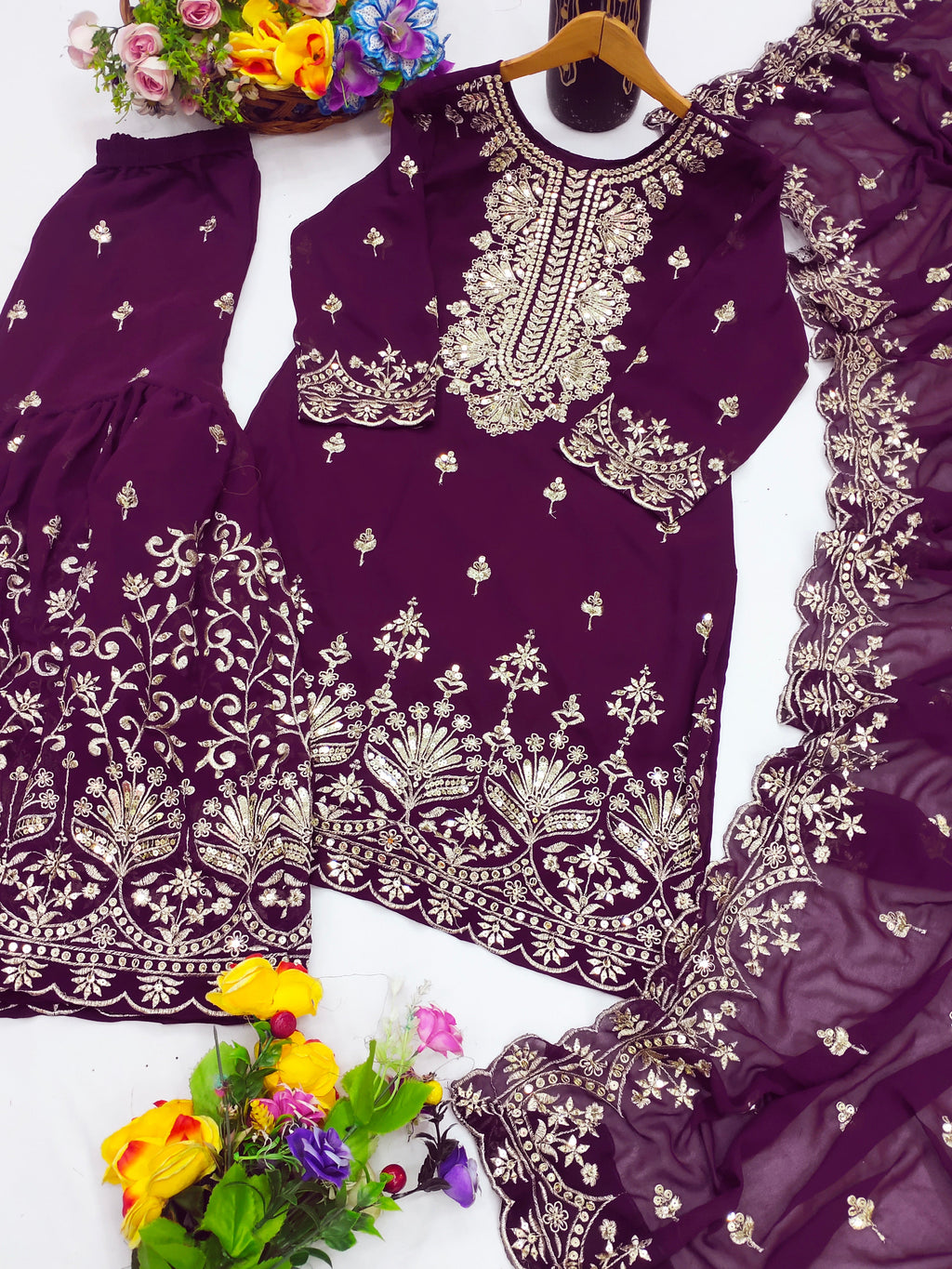 Designer Party Wear Sharara Suit With Sequence Embroidered Work