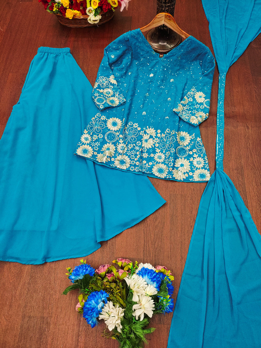 Designer Embroidered Georgette Suit Plazzo And Dupatta