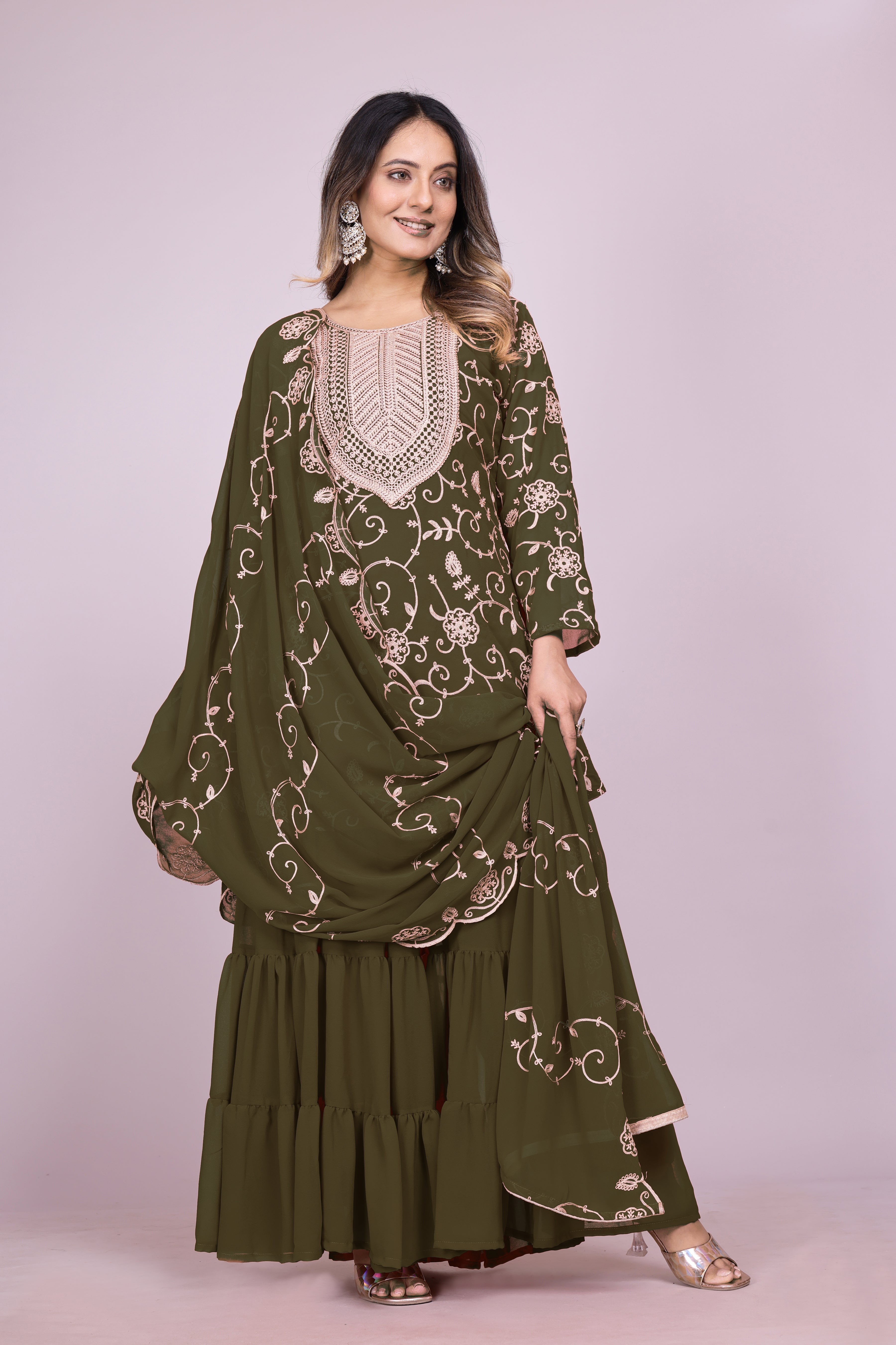 Designer Embroidered Georgette Sharara Suit With Dupatta