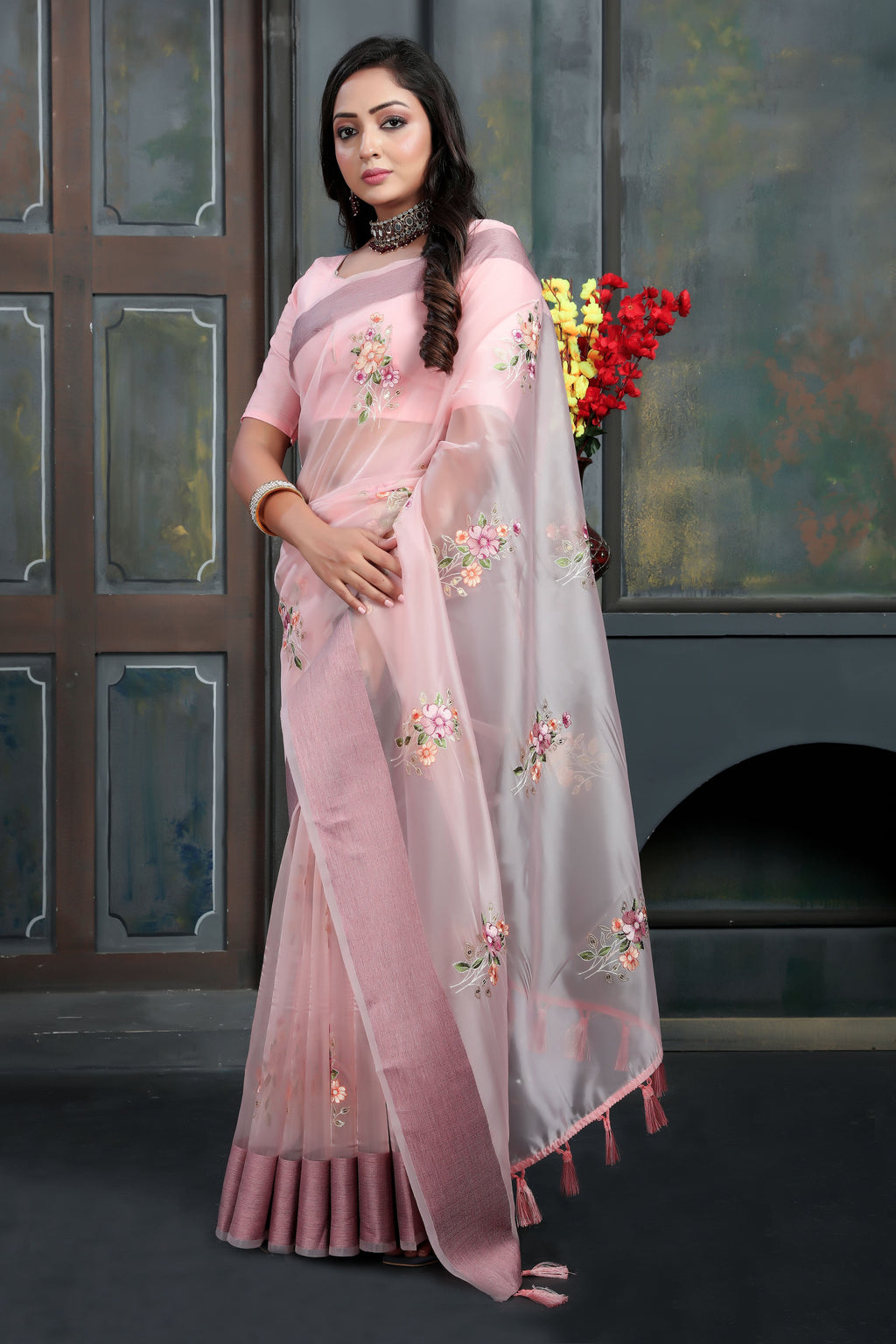 Party Wear Saree With Multi Color Thread Embroidery Work