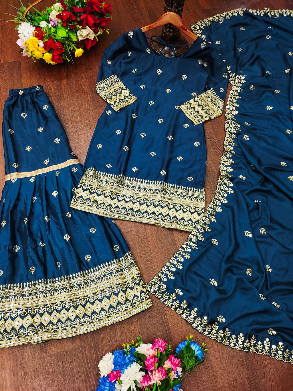 Designer Embroidered Chinon Suit With Sequence Embroidered Work