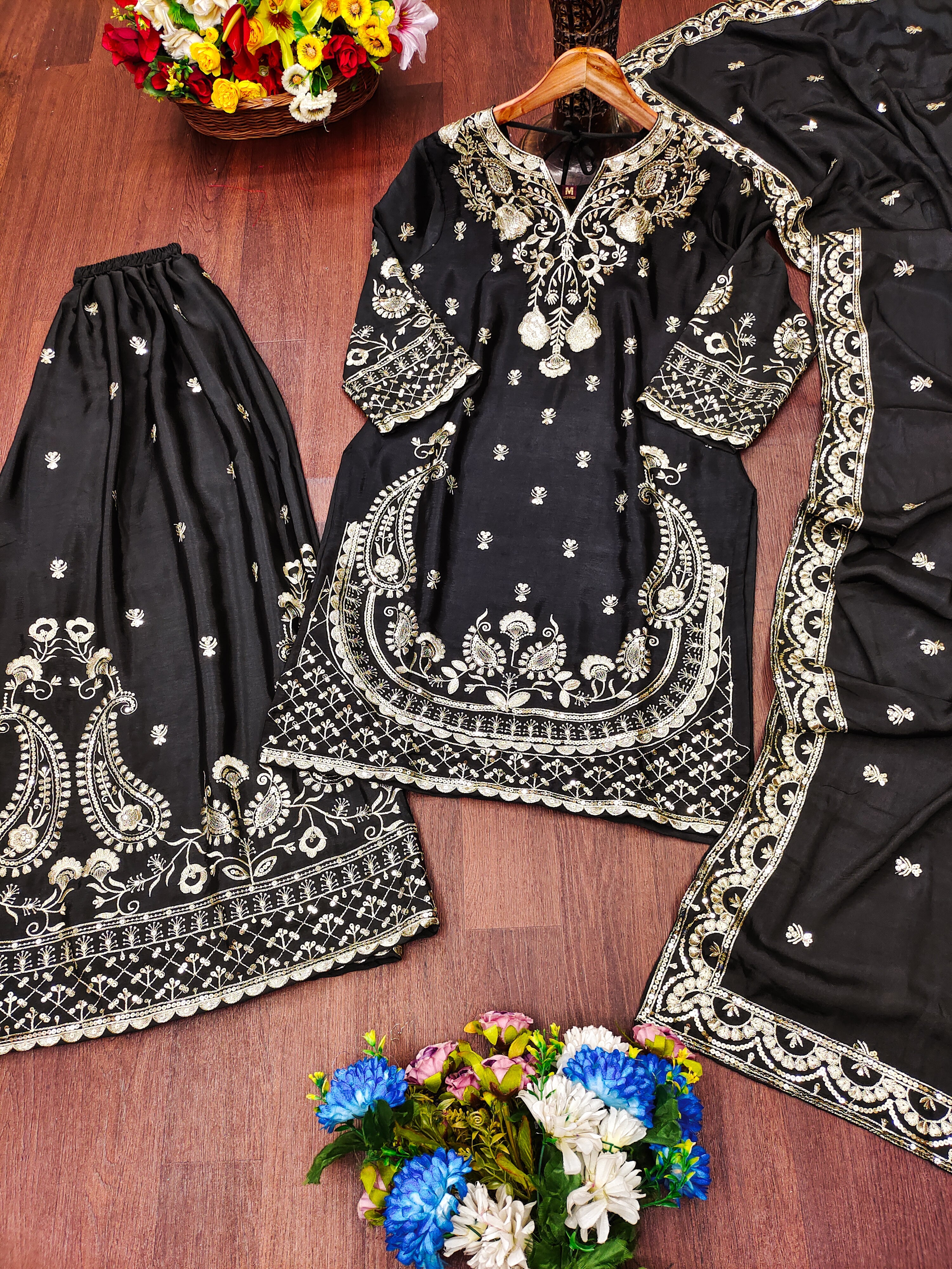 Designer Embroidered Chinon Sharara Suit And Dupatta