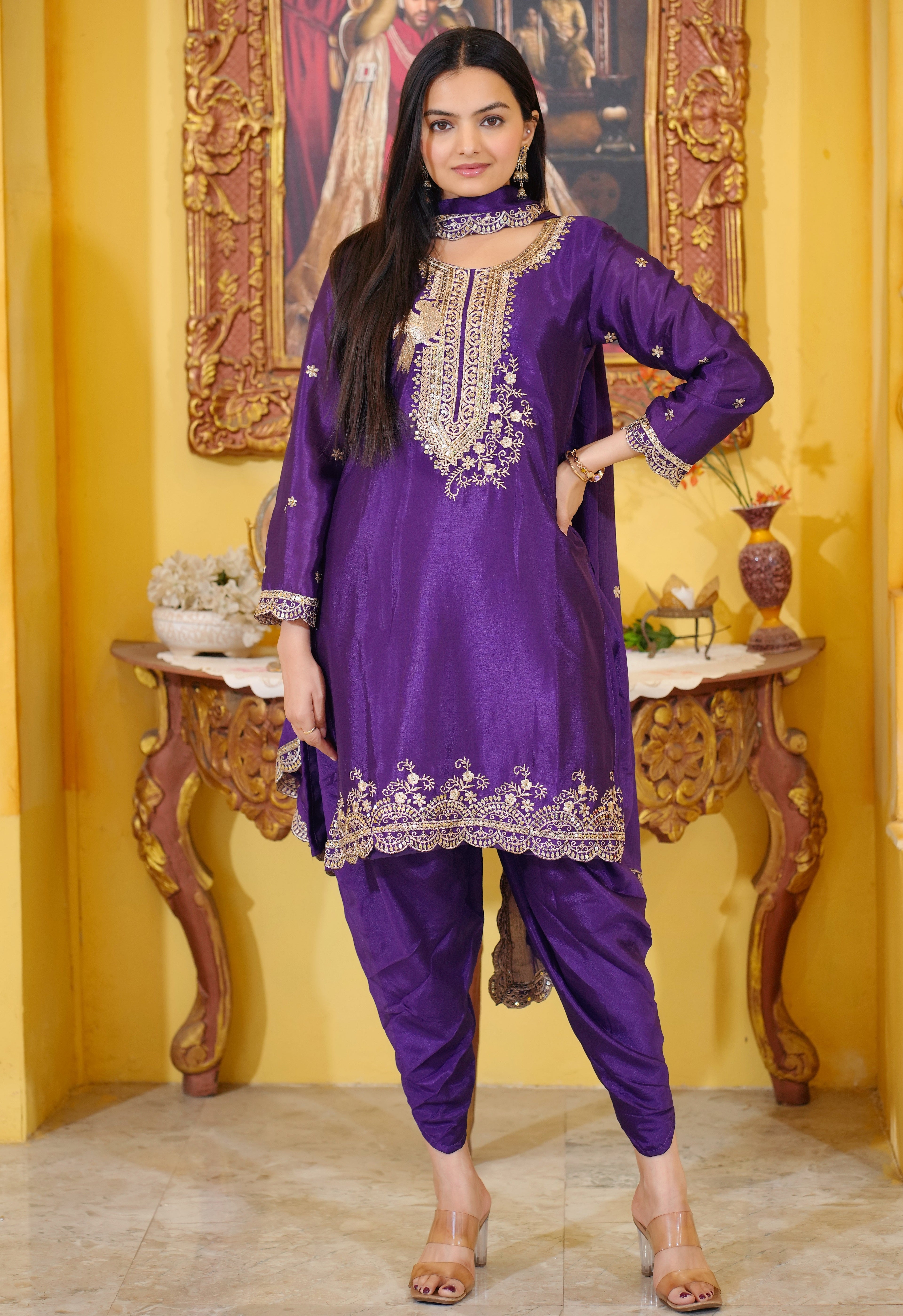 Designer Embroidered Chinon Dhoti Suit With Sequence Embroidered Work
