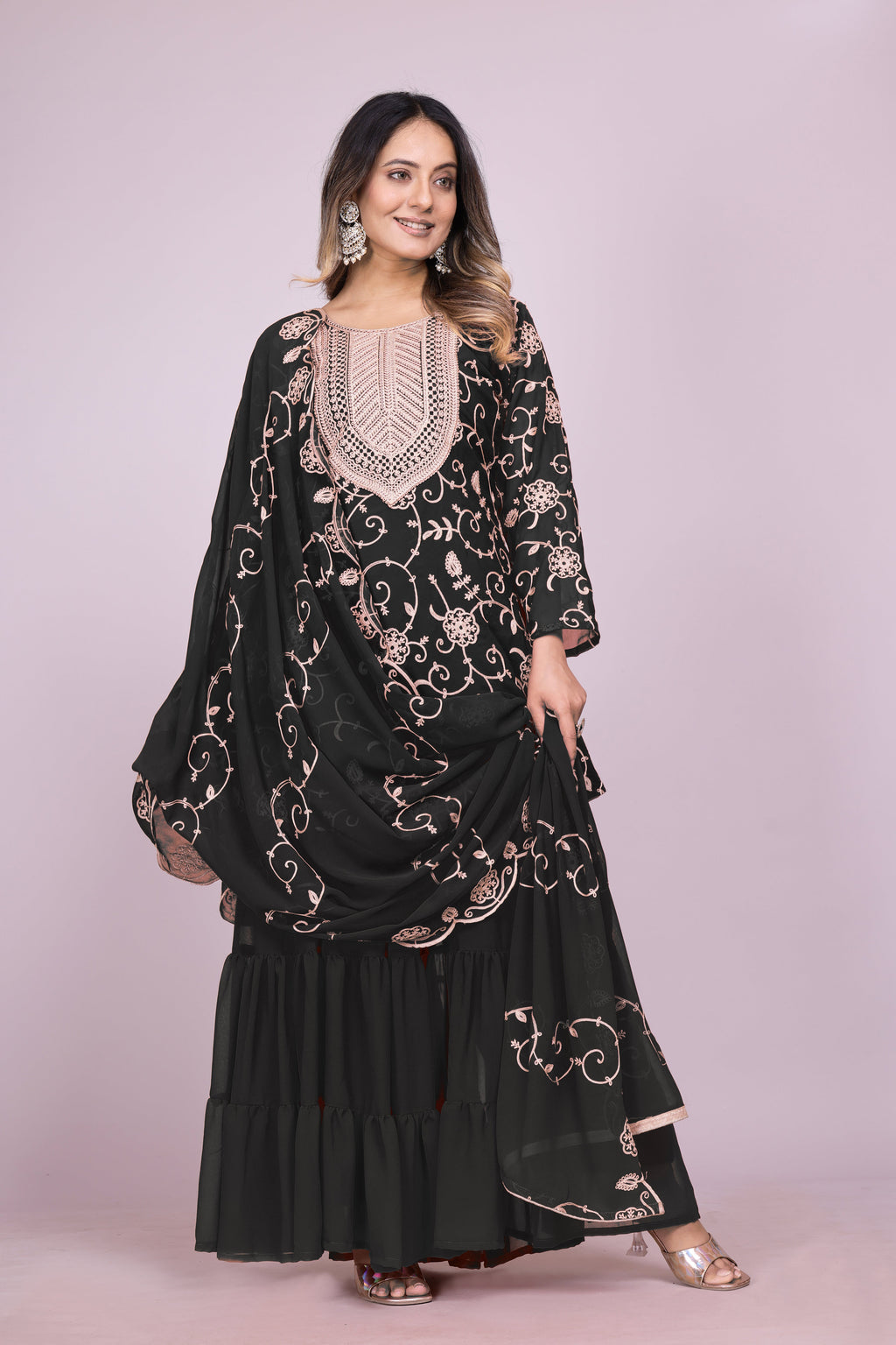 Designer Embroidered Georgette Sharara Suit With Dupatta