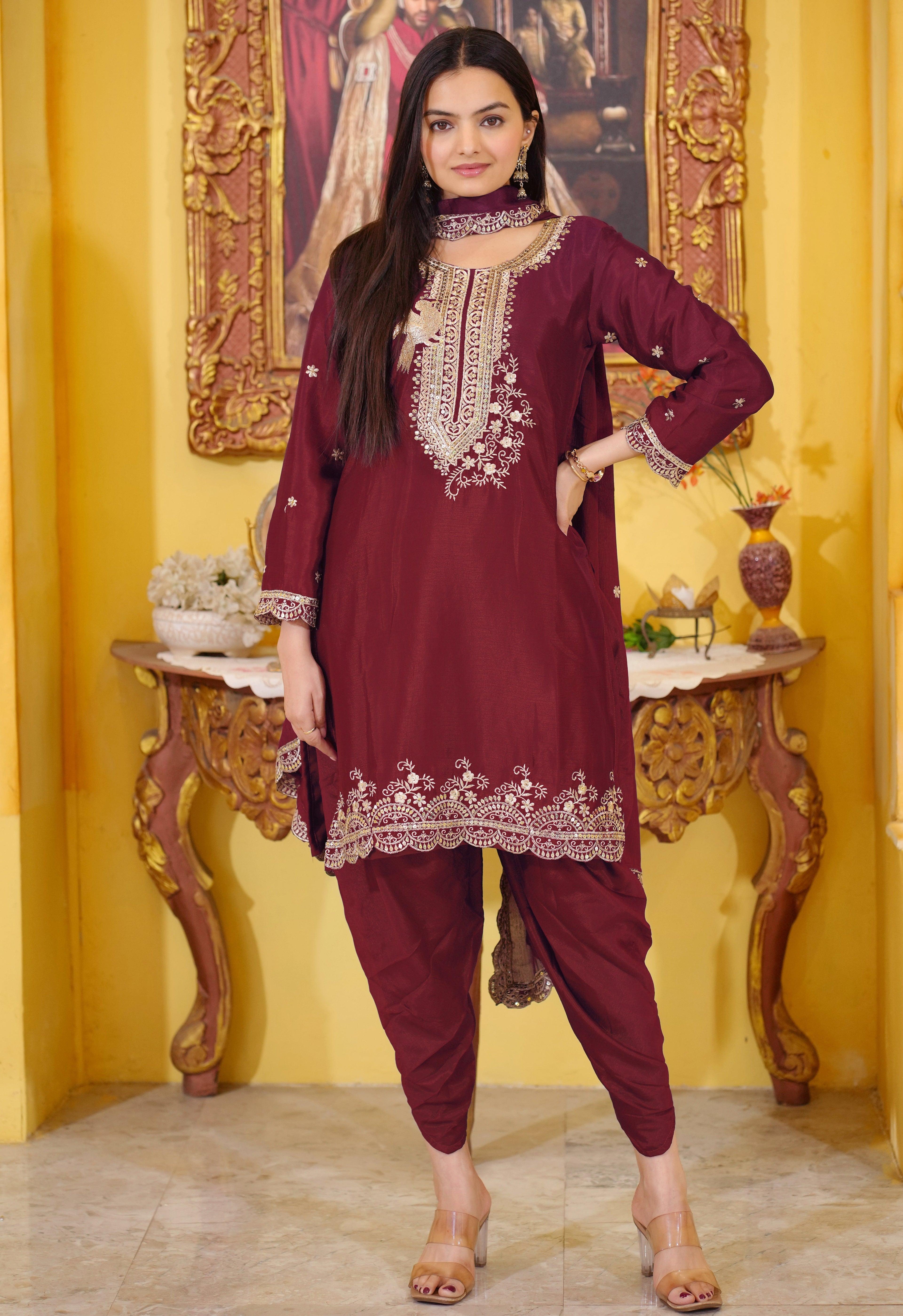 Designer Embroidered Chinon Dhoti Suit With Sequence Embroidered Work