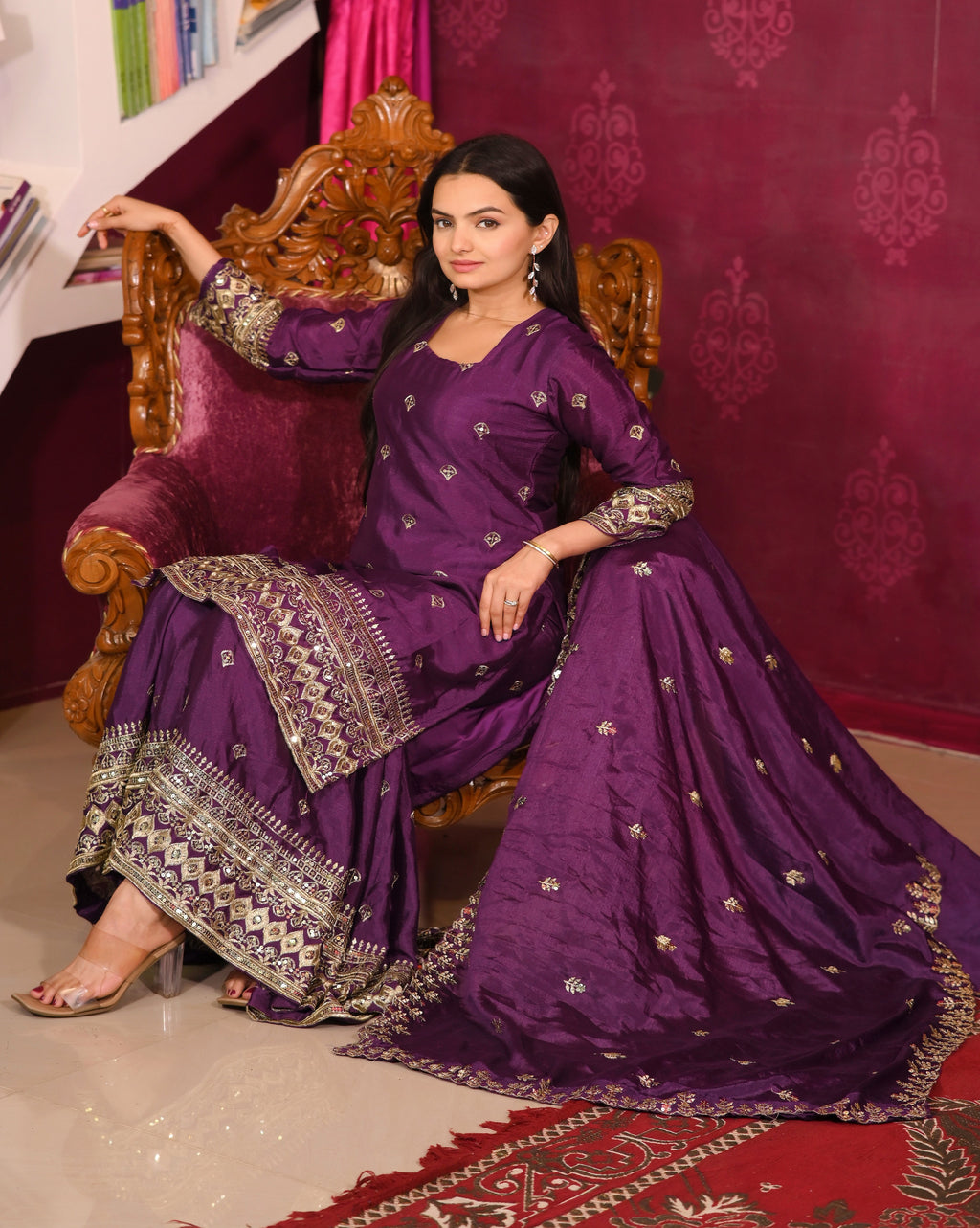 Designer Embroidered Chinon Suit With Sequence Embroidered Work