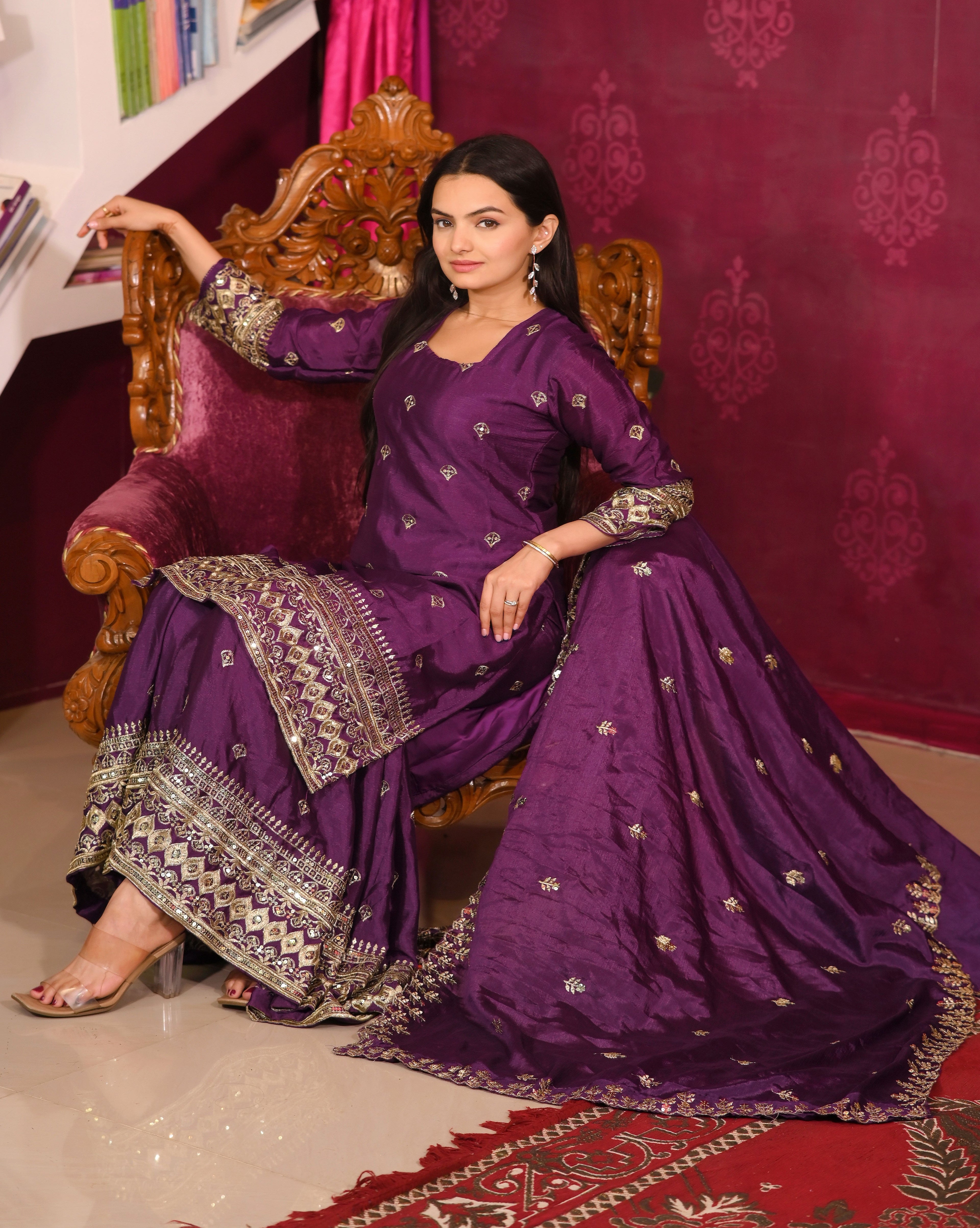 Designer Embroidered Chinon Suit With Sequence Embroidered Work