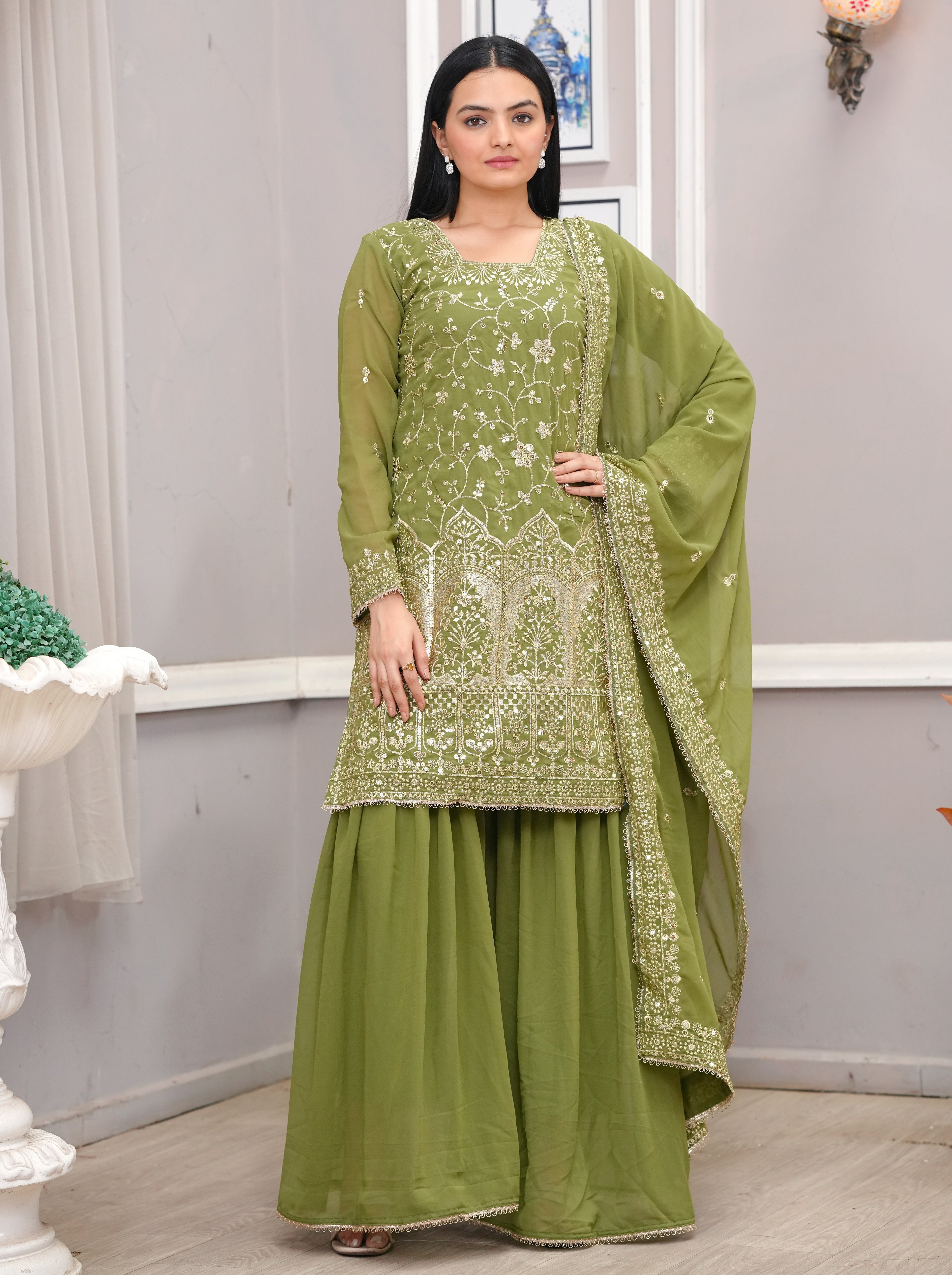 Designer Embroidered  Sharara Suit With Sequence Embroidered Work