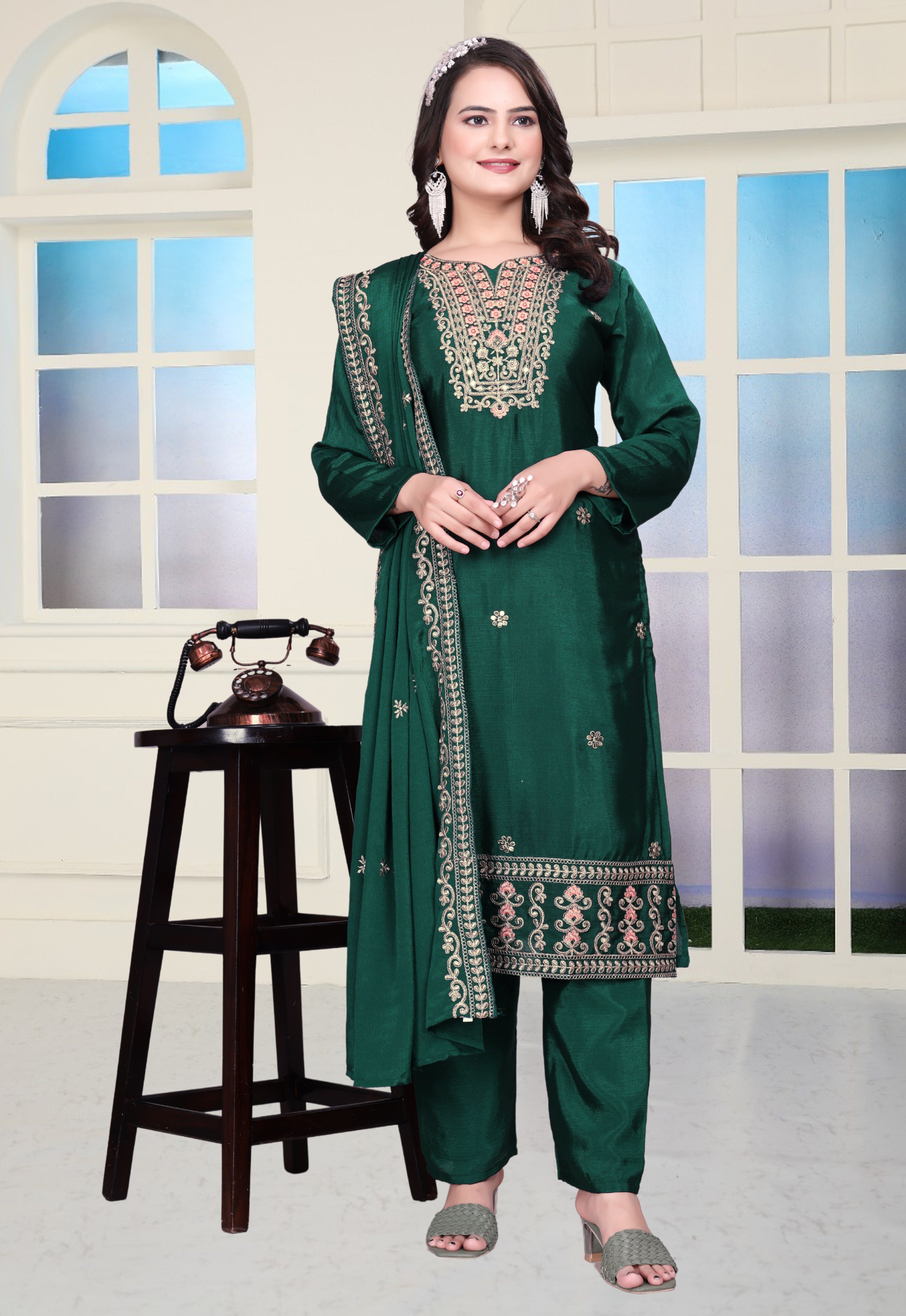 Beautiful Suit Set With Coding Sequence Embroidered Work