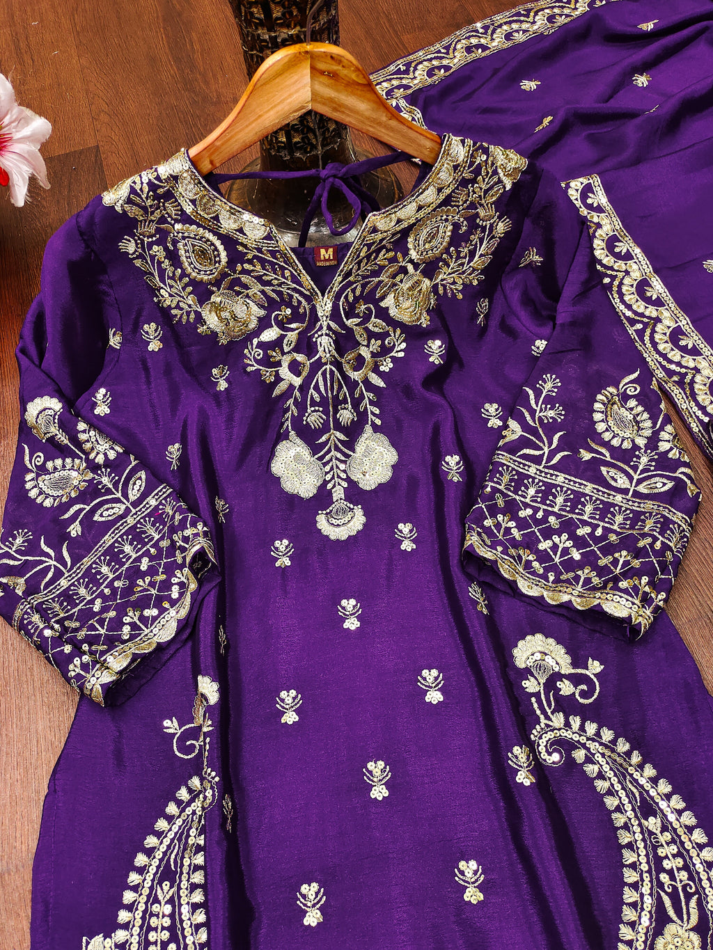 Designer Embroidered Chinon Sharara Suit And Dupatta