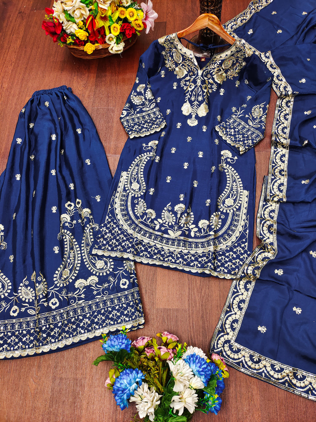 Designer Embroidered Chinon Sharara Suit And Dupatta
