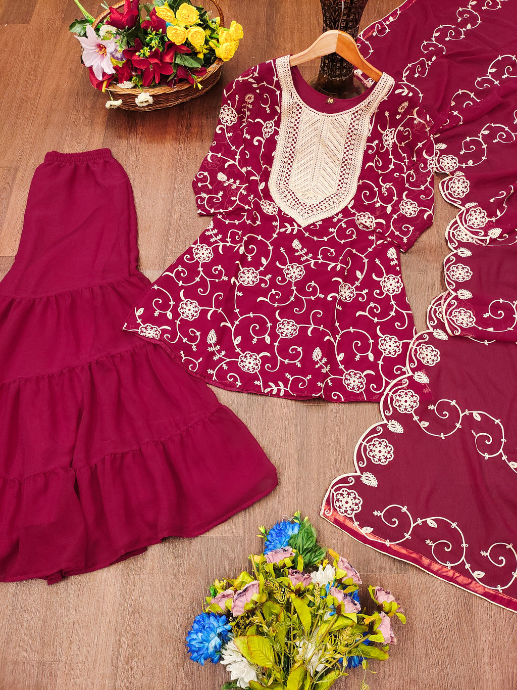 Designer Embroidered Georgette Sharara Suit With Dupatta