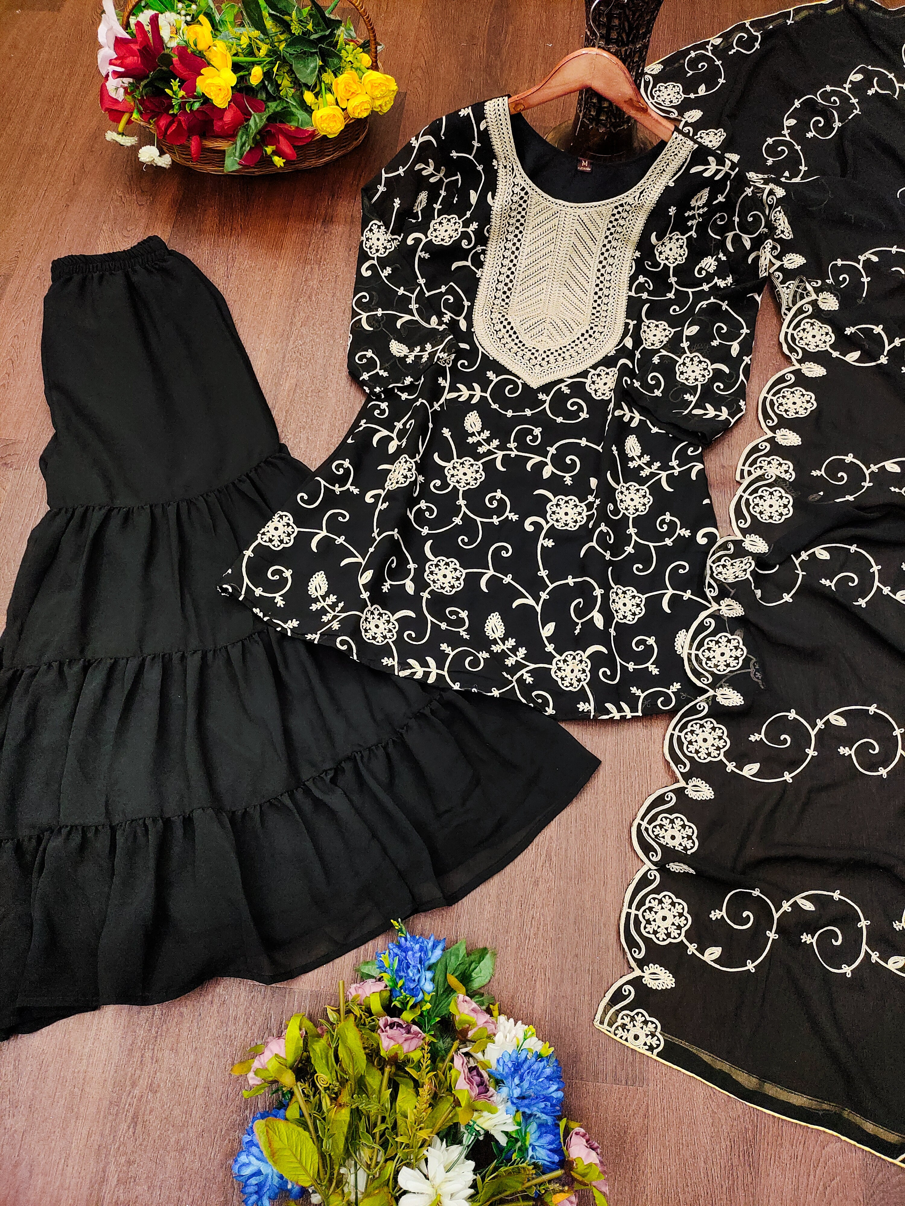 Designer Embroidered Georgette Sharara Suit With Dupatta