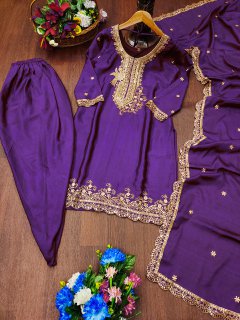 डिजाइनर कढ़ाई चिनॉन धोती सूट अनुक्रम कढ़ाई काम के साथ