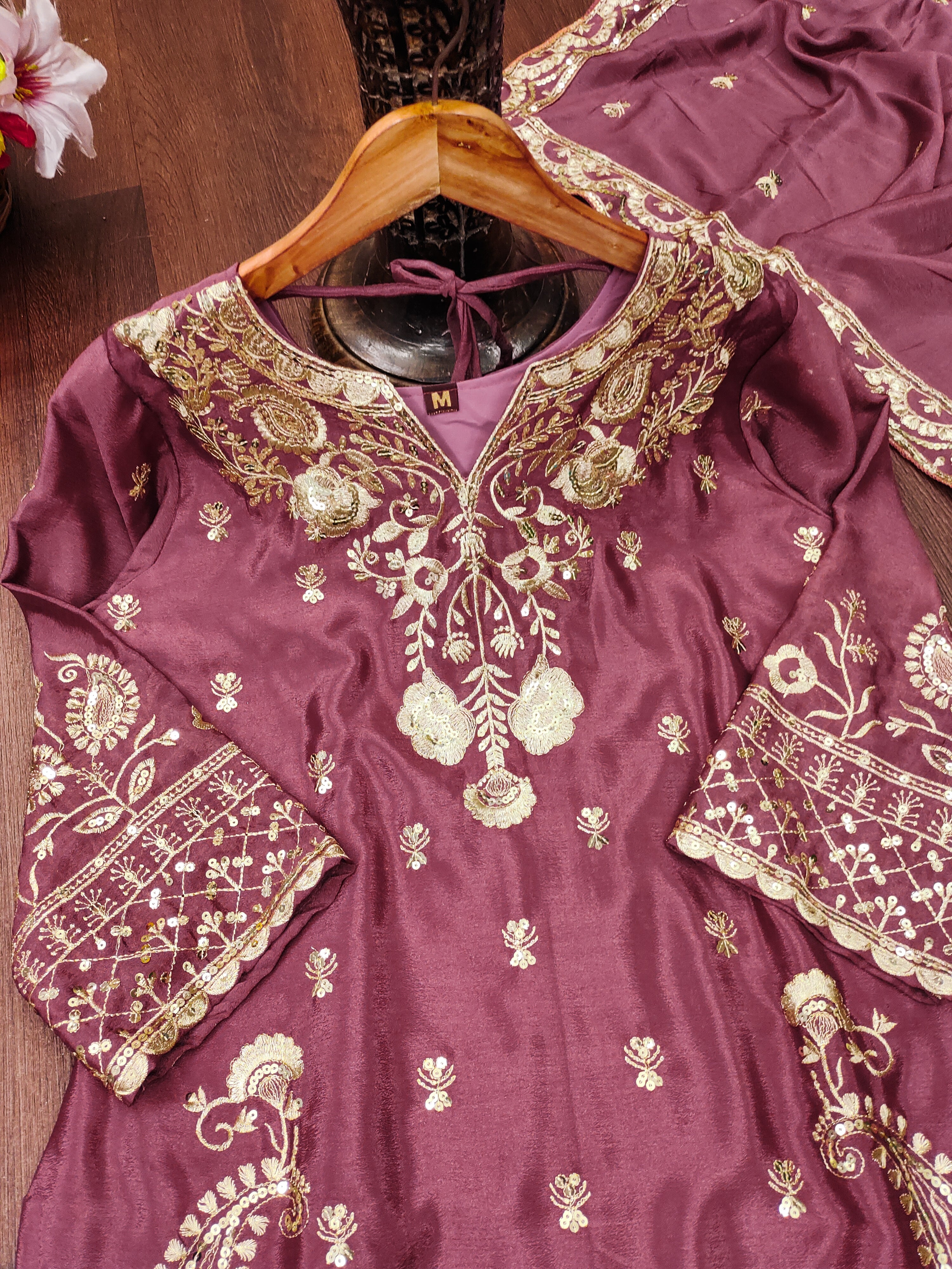 Designer Embroidered Chinon Sharara Suit And Dupatta
