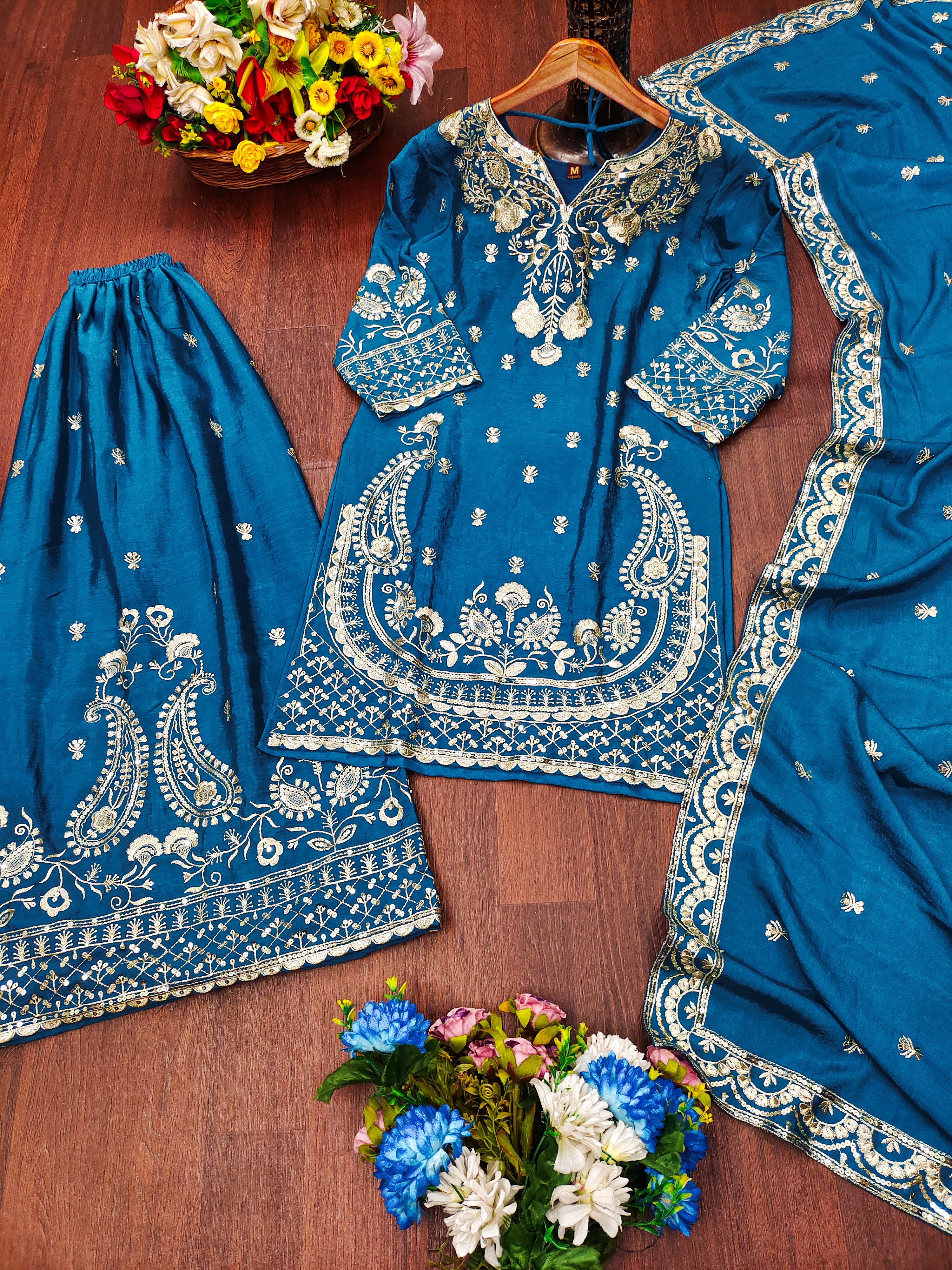 Designer Embroidered Chinon Sharara Suit And Dupatta