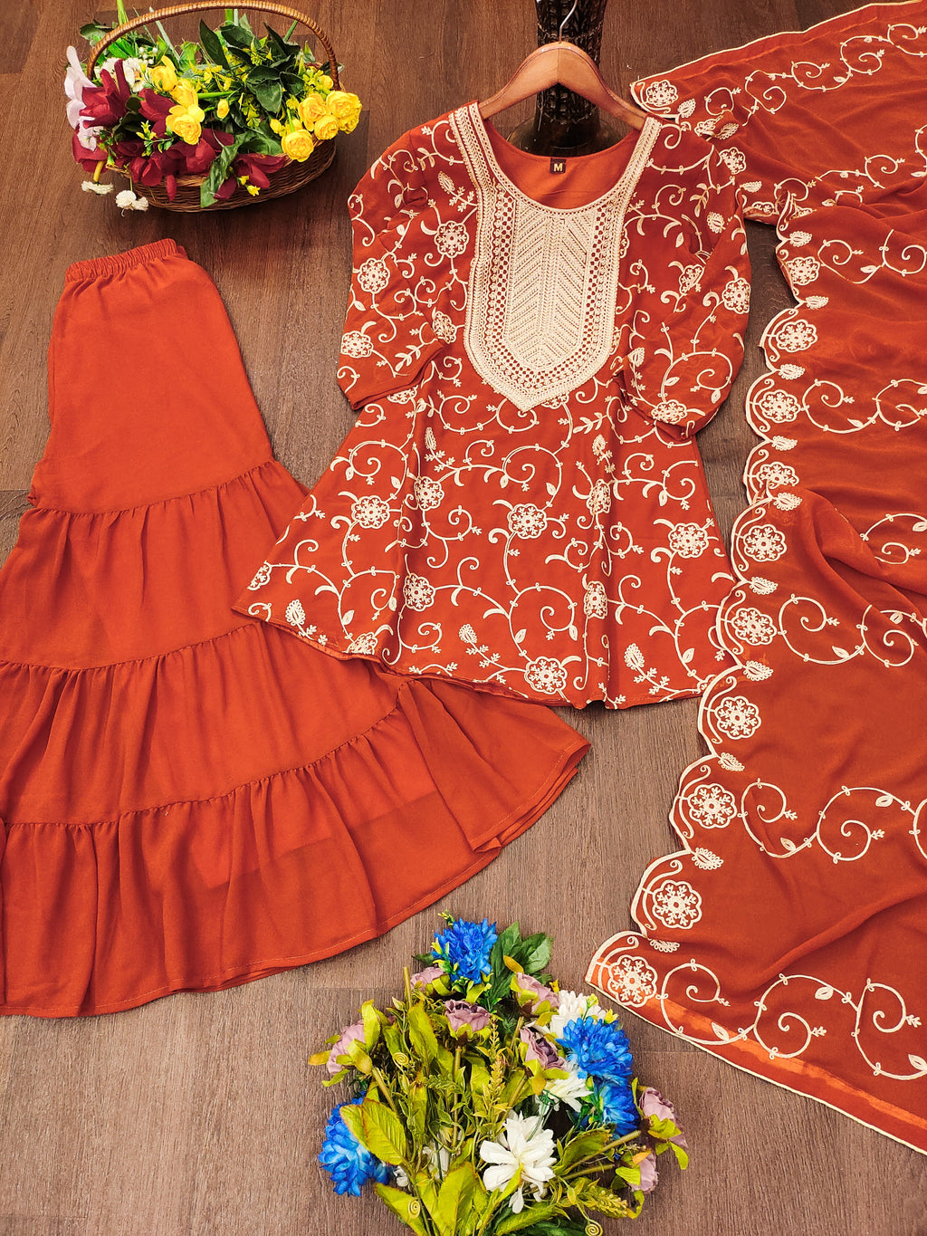 Designer Embroidered Georgette Sharara Suit With Dupatta