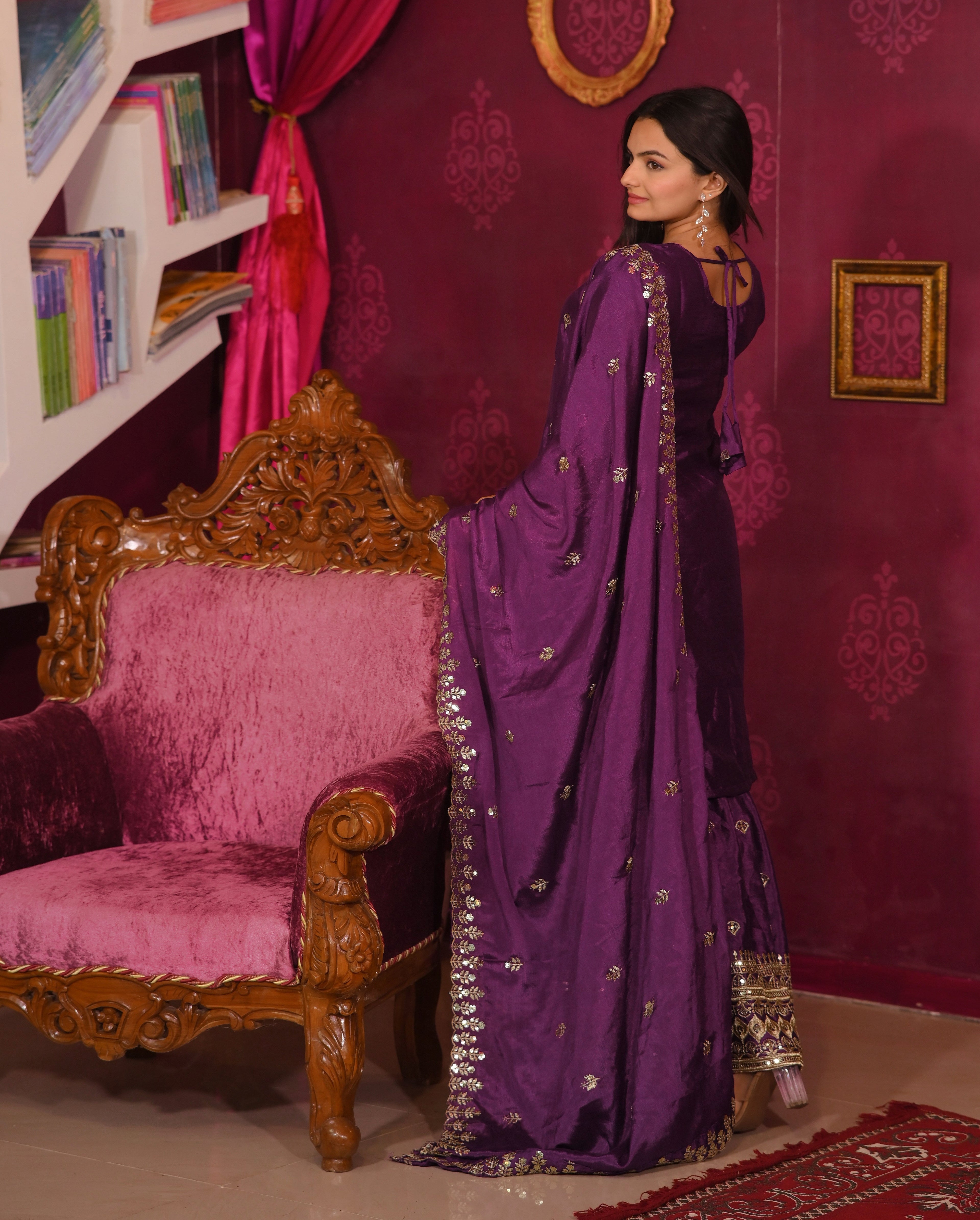 Designer Embroidered Chinon Suit With Sequence Embroidered Work