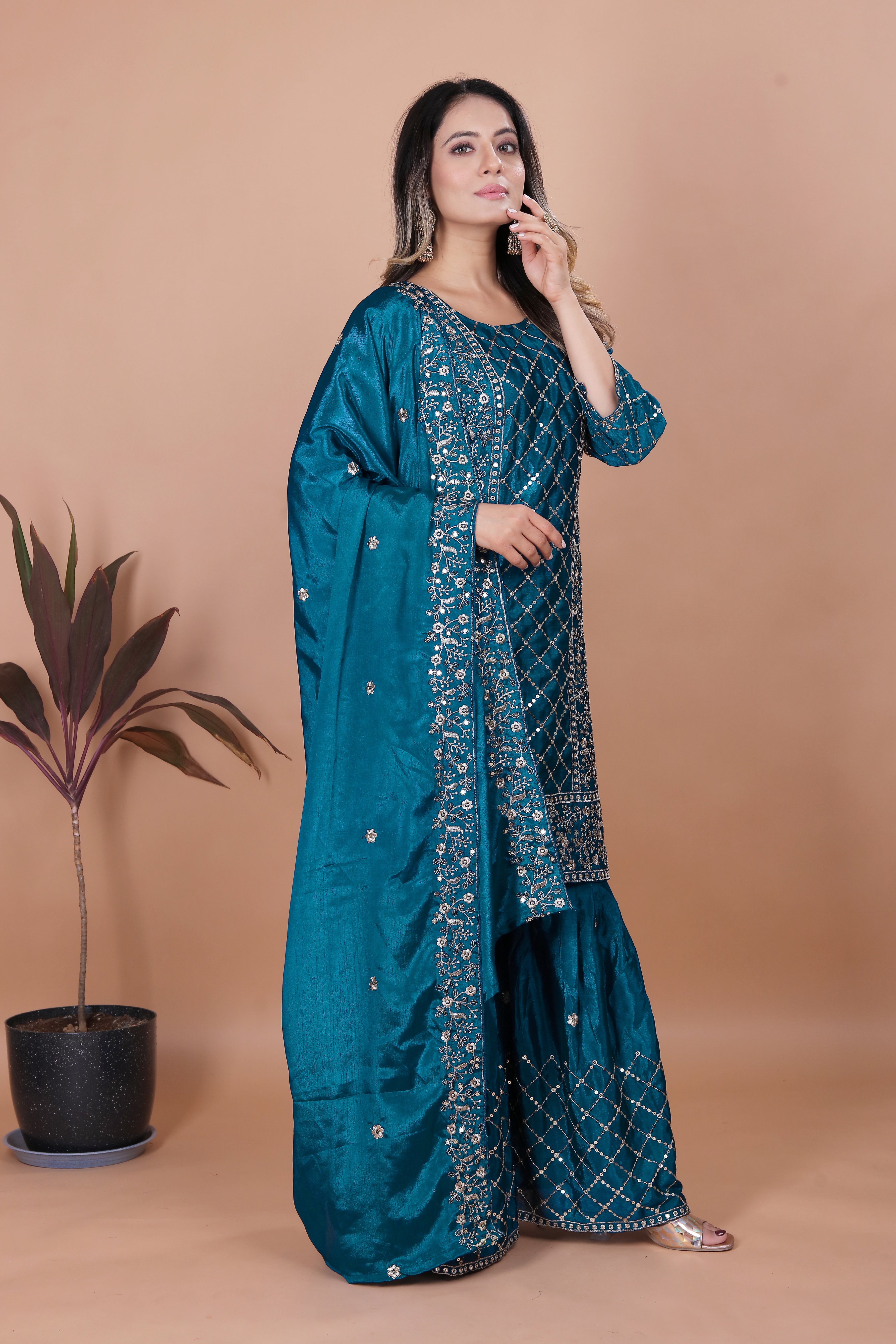 Designer Embroidered Chinon Sharara Suit With Sequence Embroidered Work
