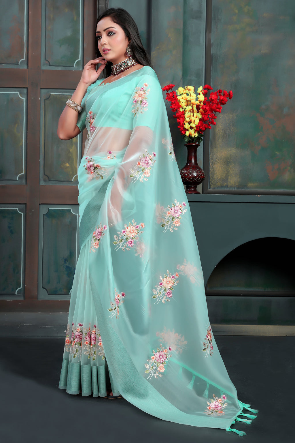 Party Wear Saree With Multi Color Thread Embroidery Work