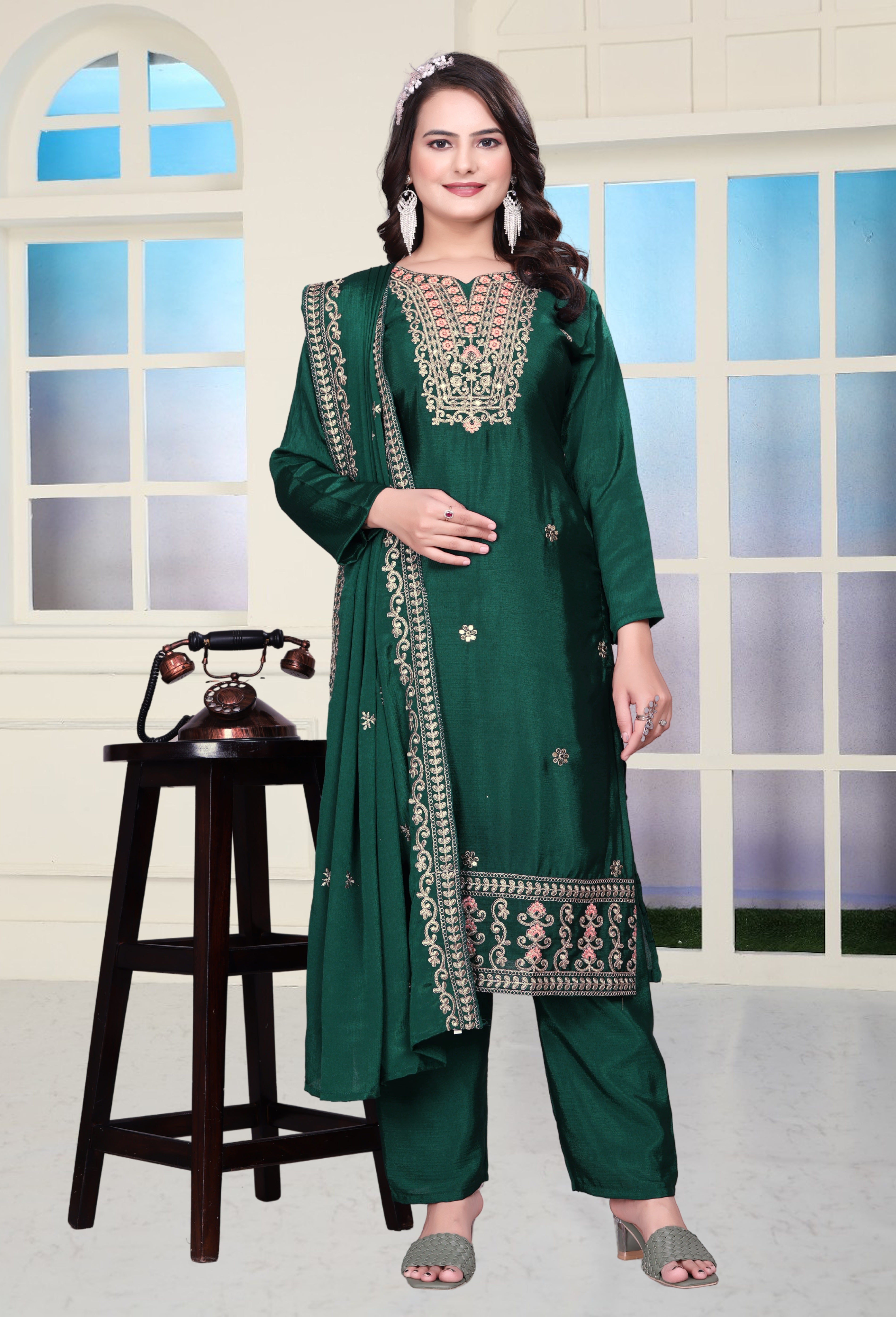 Beautiful Suit Set With Coding Sequence Embroidered Work