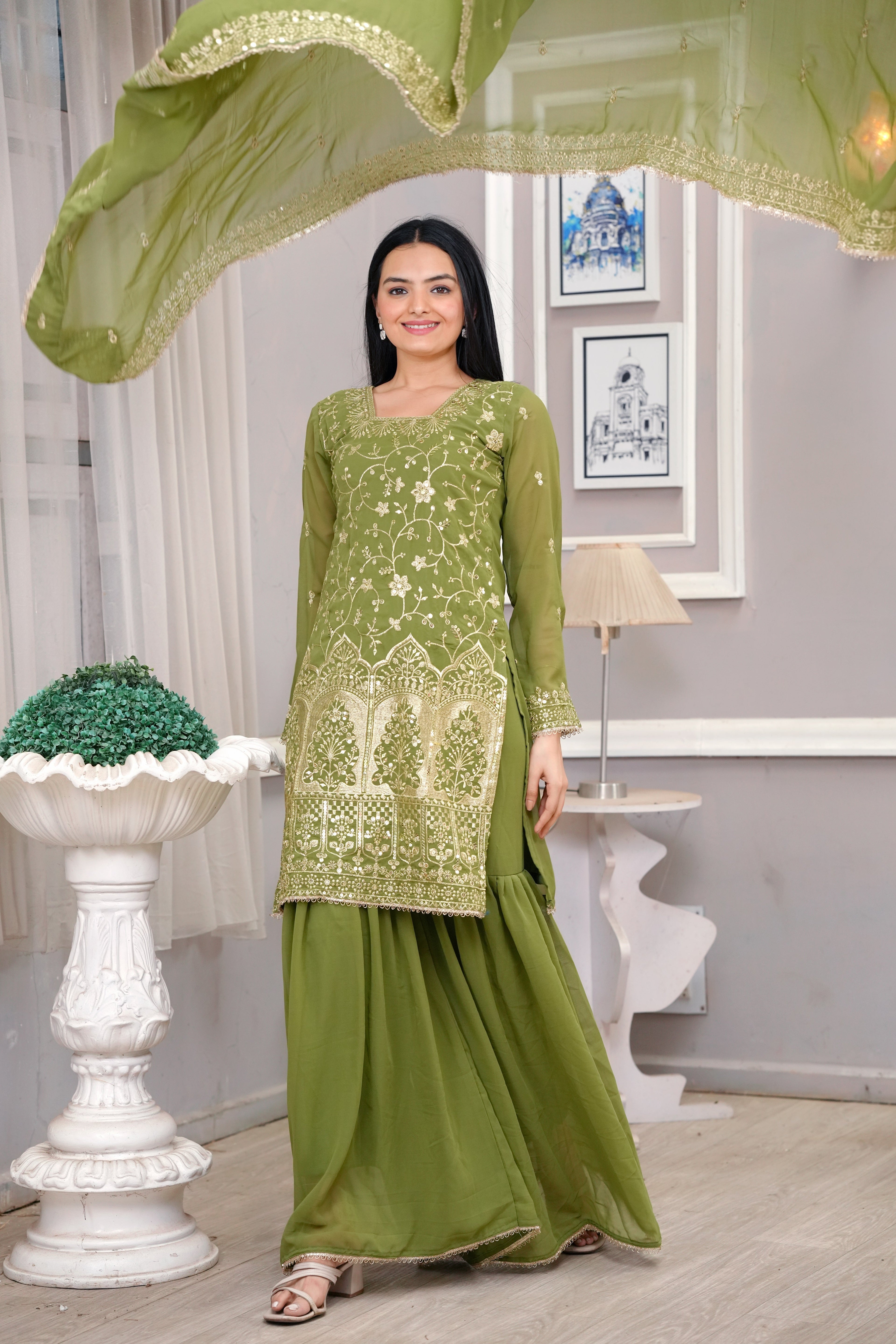 Designer Embroidered  Sharara Suit With Sequence Embroidered Work