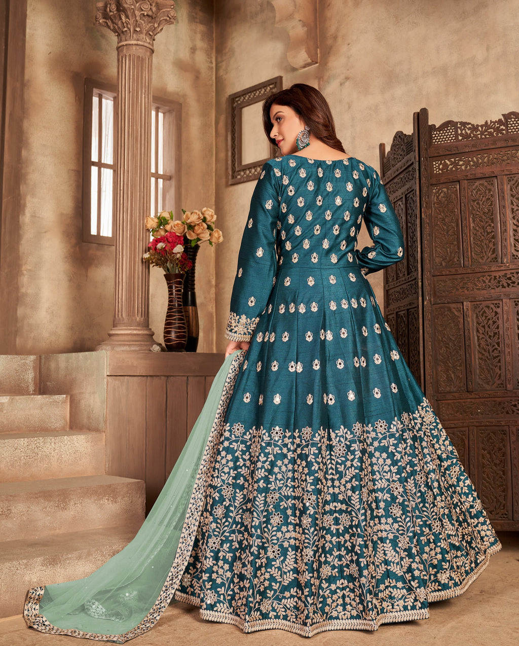 Party Wear Designer Gown-Bottom And Dupatta With Real Mirror Work