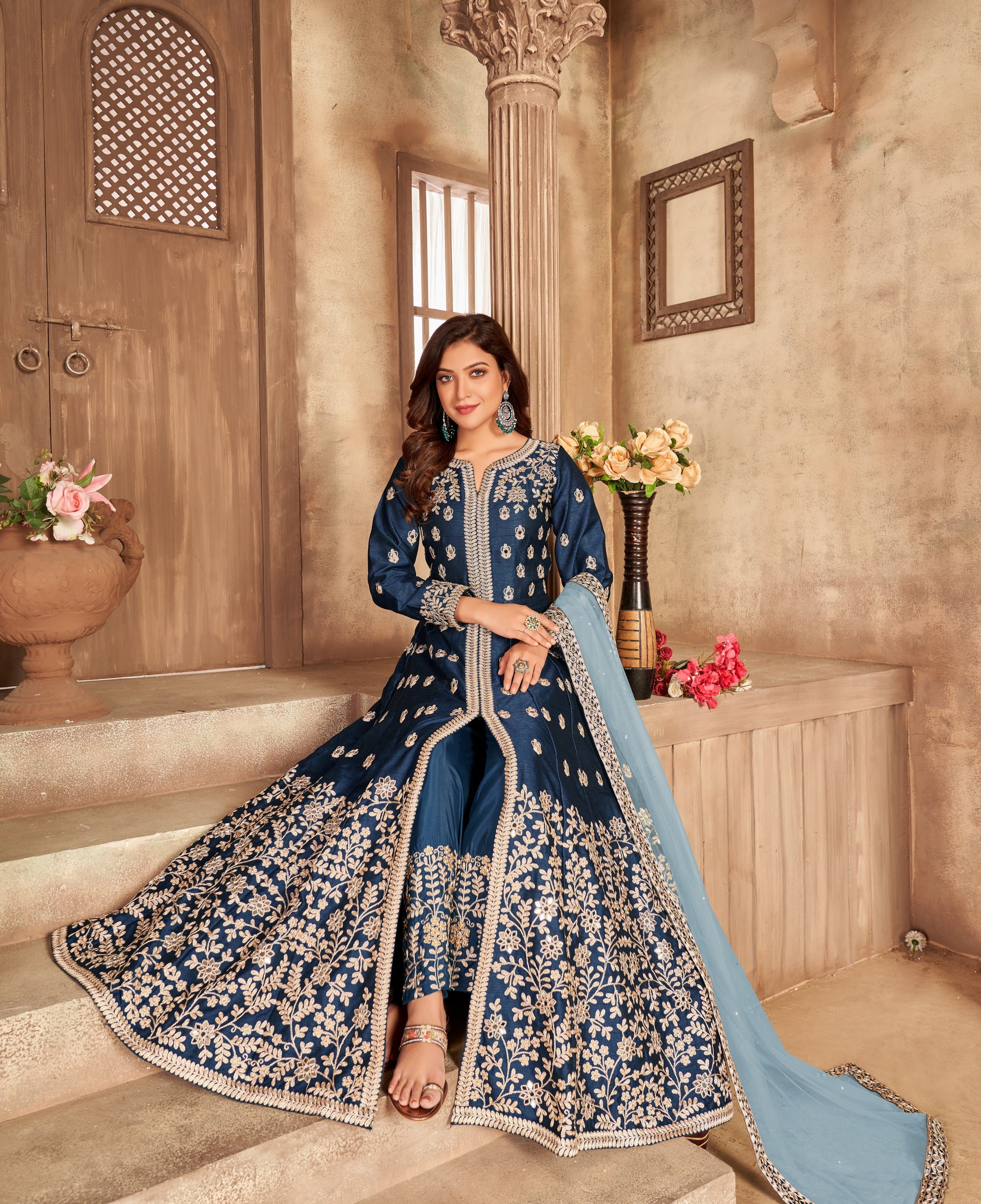 Party Wear Designer Gown-Bottom And Dupatta With Real Mirror Work