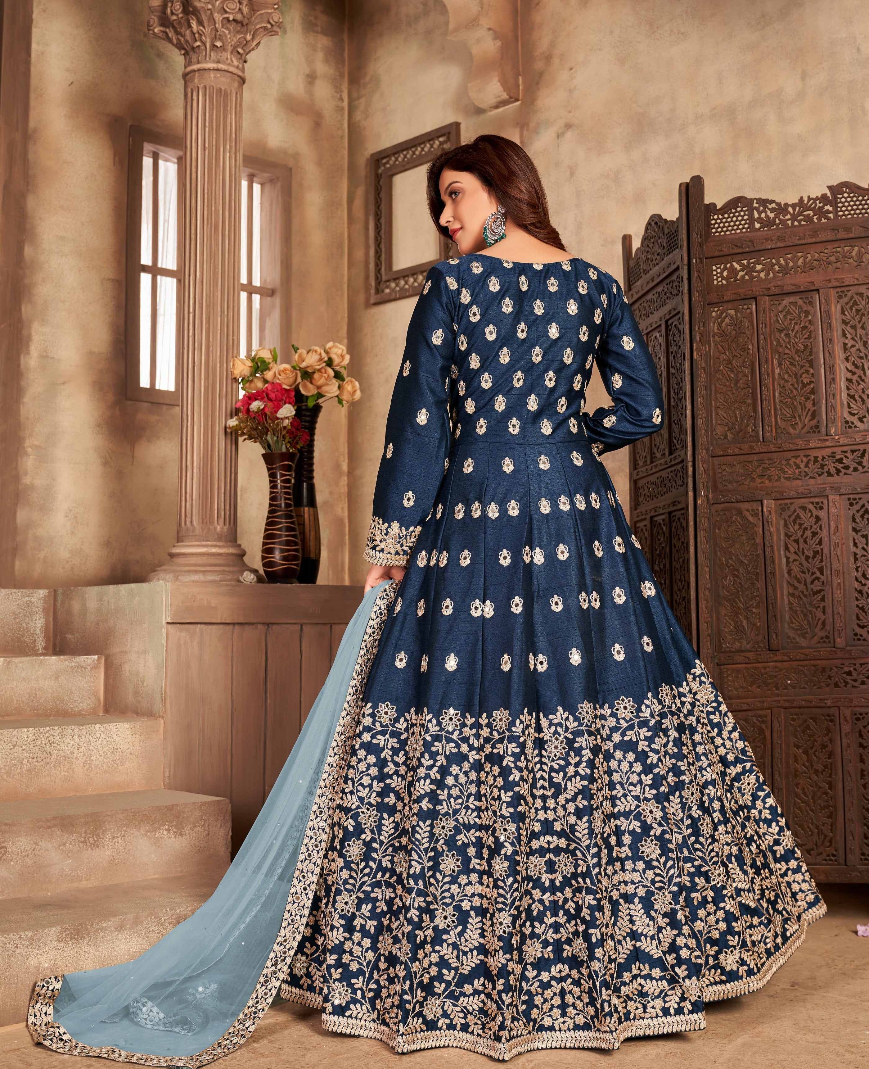 Party Wear Designer Gown-Bottom And Dupatta With Real Mirror Work