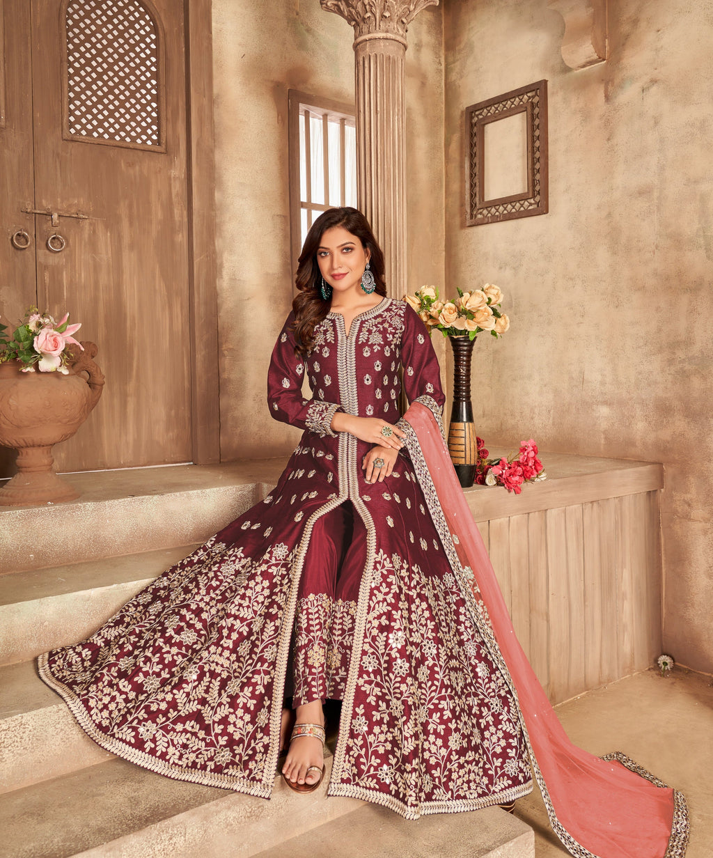 Party Wear Designer Gown-Bottom And Dupatta With Real Mirror Work