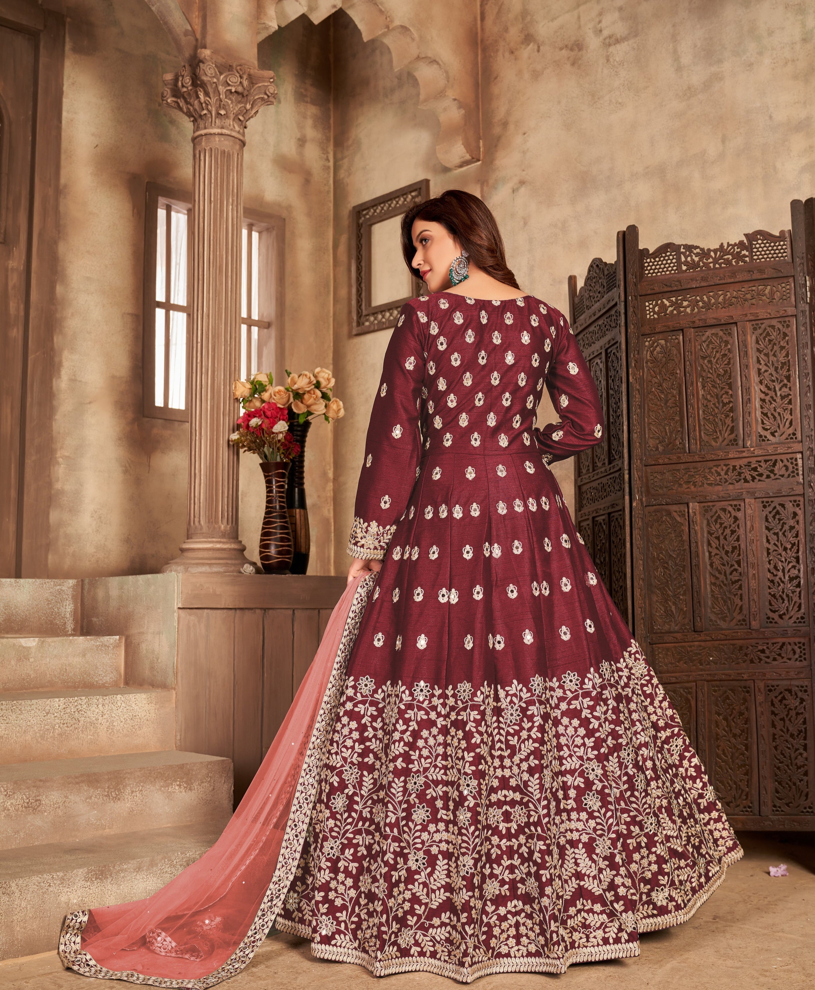 Party Wear Designer Gown-Bottom And Dupatta With Real Mirror Work
