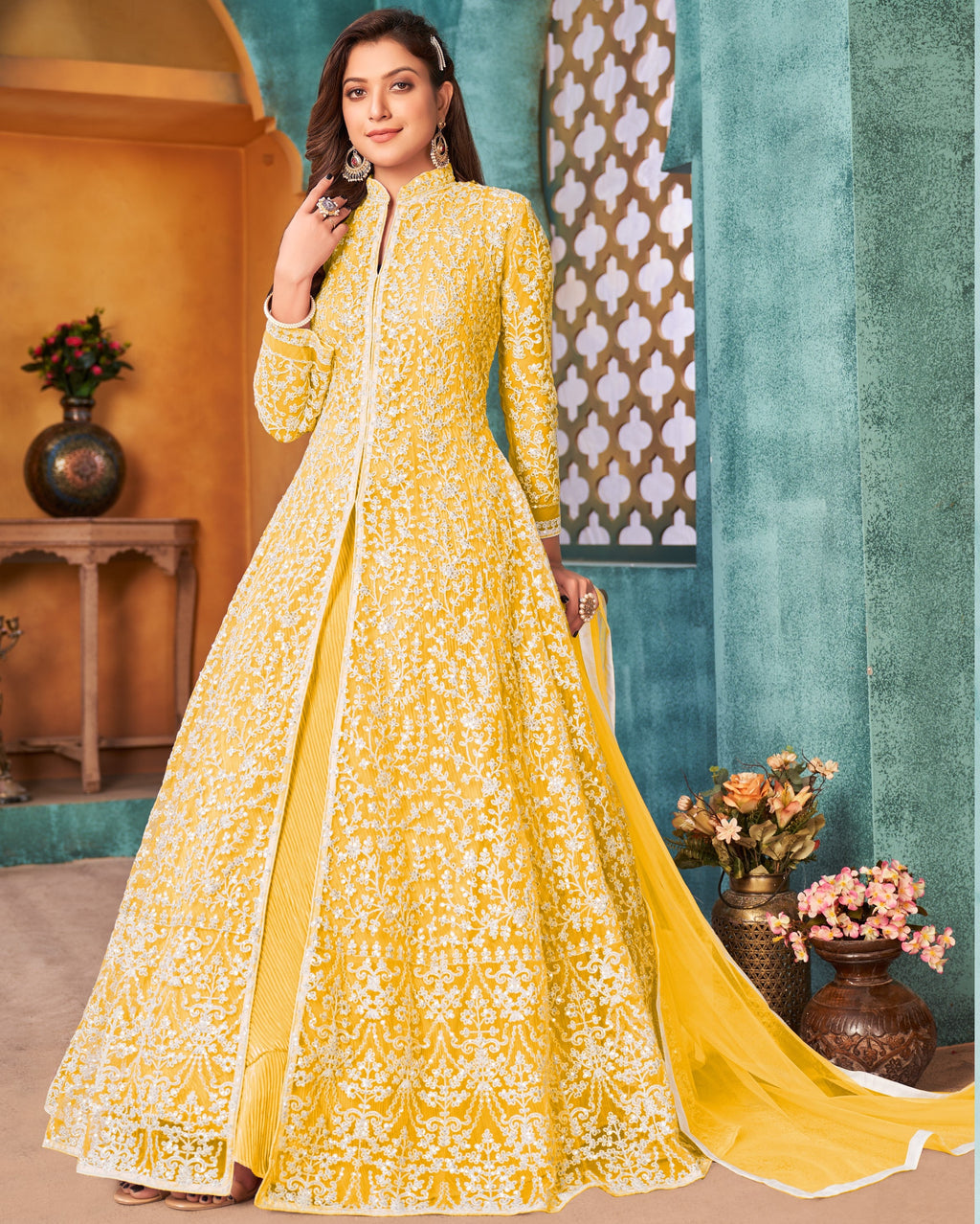 Designer Anarkali Gown-Pent And Dupatta With Cording & Sequence Work
