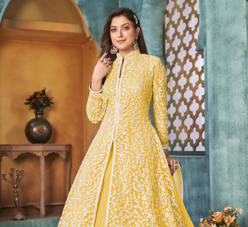 Designer Anarkali Gown-Pent And Dupatta With Cording & Sequence Work