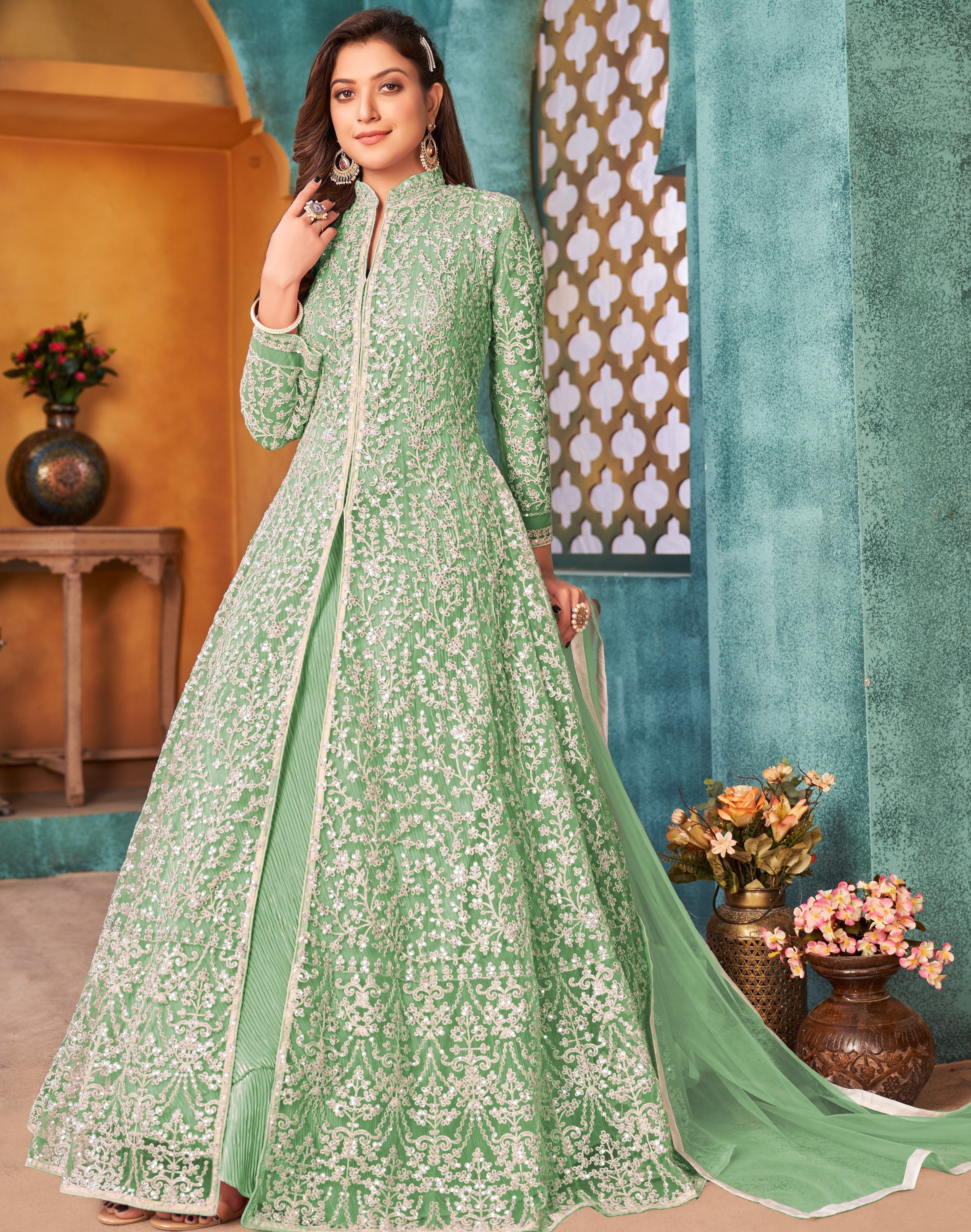 Designer Anarkali Gown-Pent And Dupatta With Cording & Sequence Work
