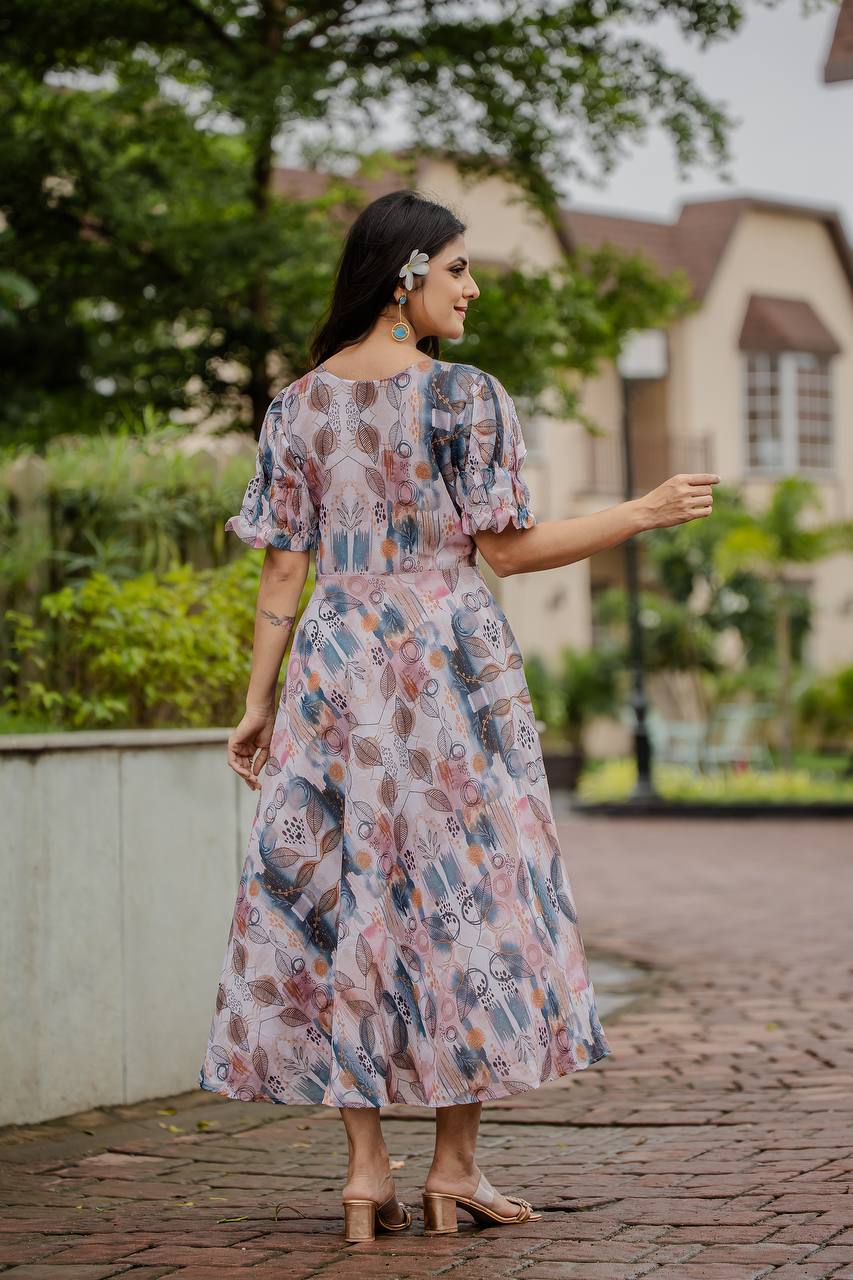 Fancy Gown With Detailed Floral & Geometric Digital Print