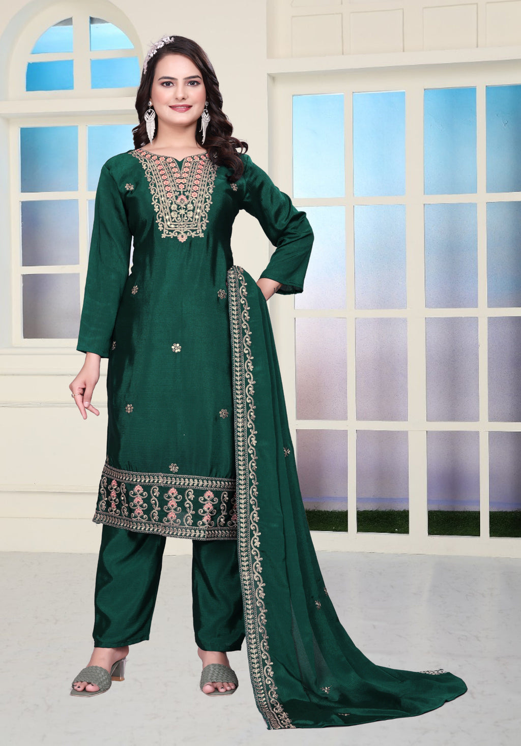 Beautiful Suit Set With Coding Sequence Embroidered Work