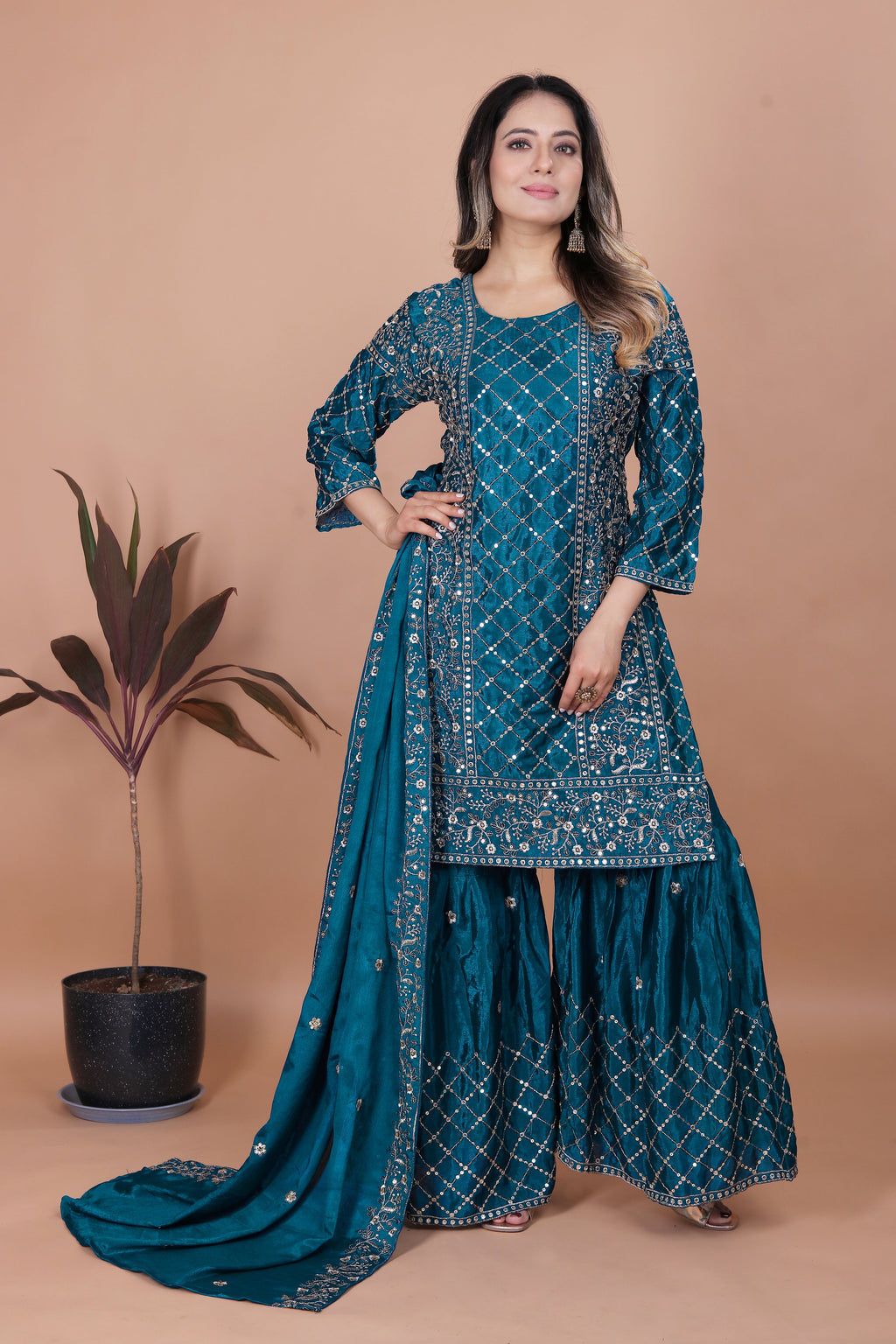 Designer Embroidered Chinon Sharara Suit With Sequence Embroidered Work
