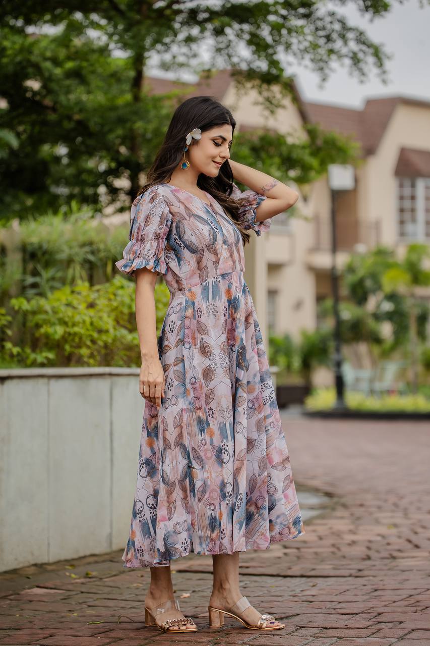 Fancy Gown With Detailed Floral & Geometric Digital Print