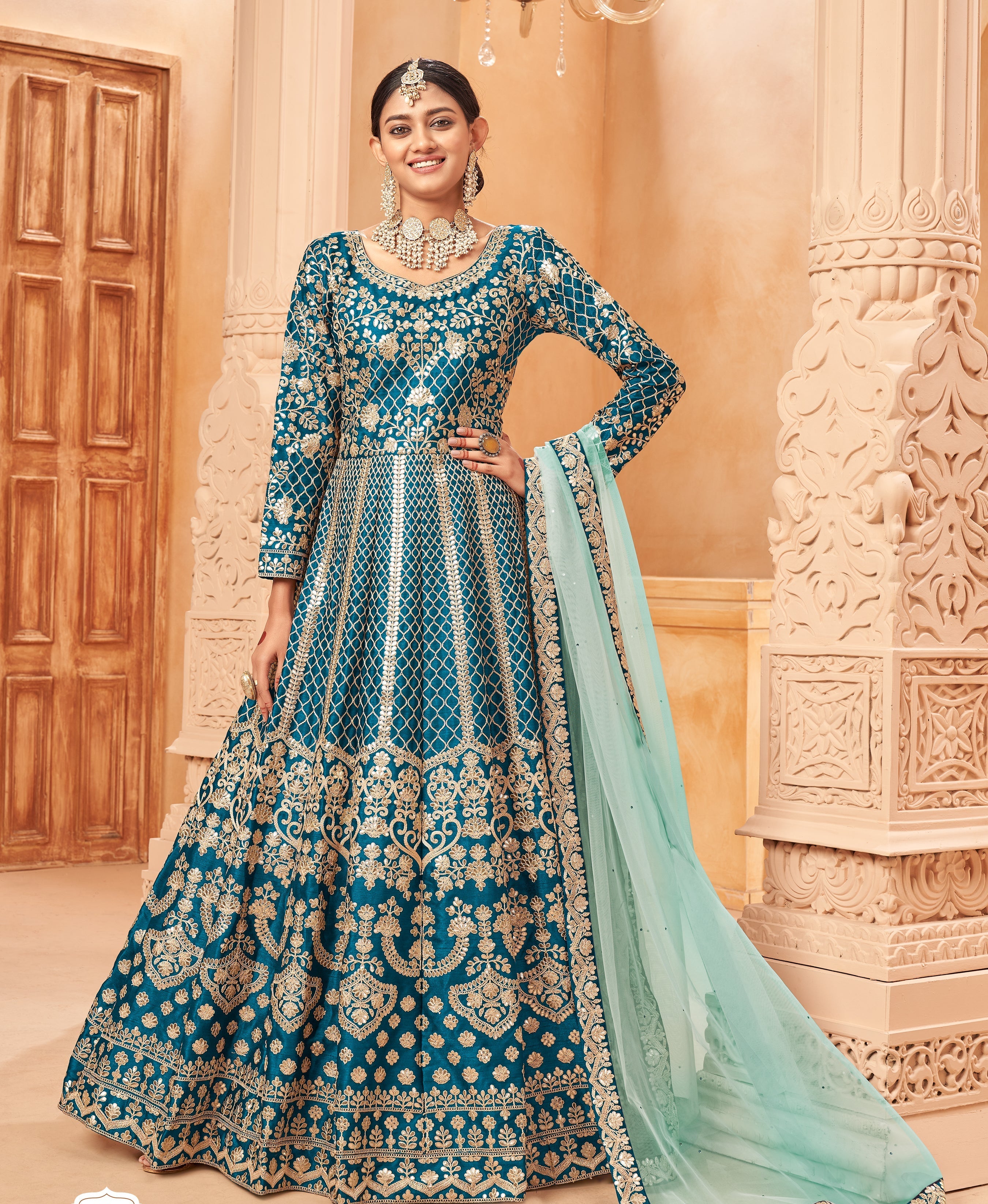 Party Wear Look Designer Anarkali Gown, Bottom And Dupatta