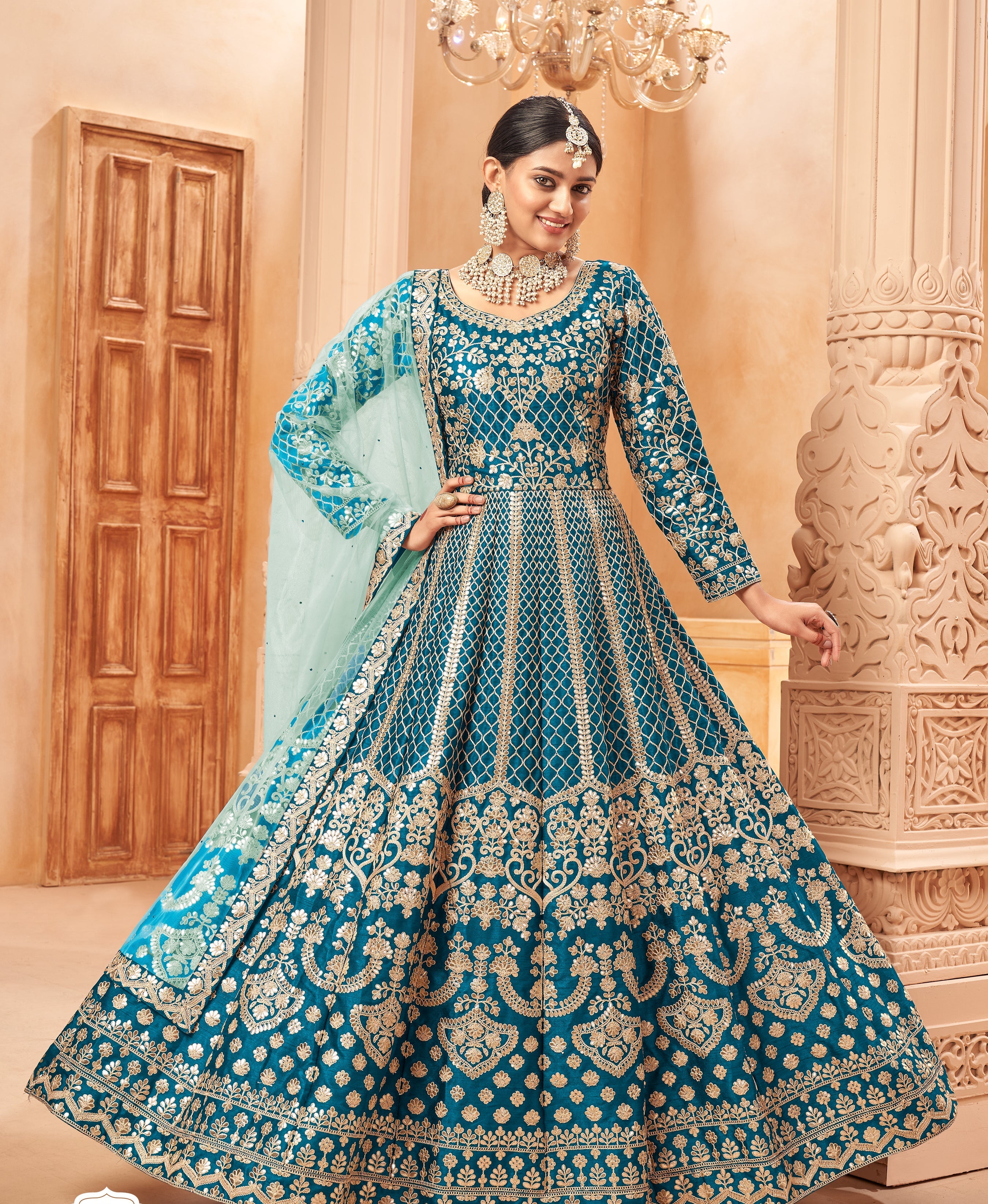 Party Wear Look Designer Anarkali Gown, Bottom And Dupatta