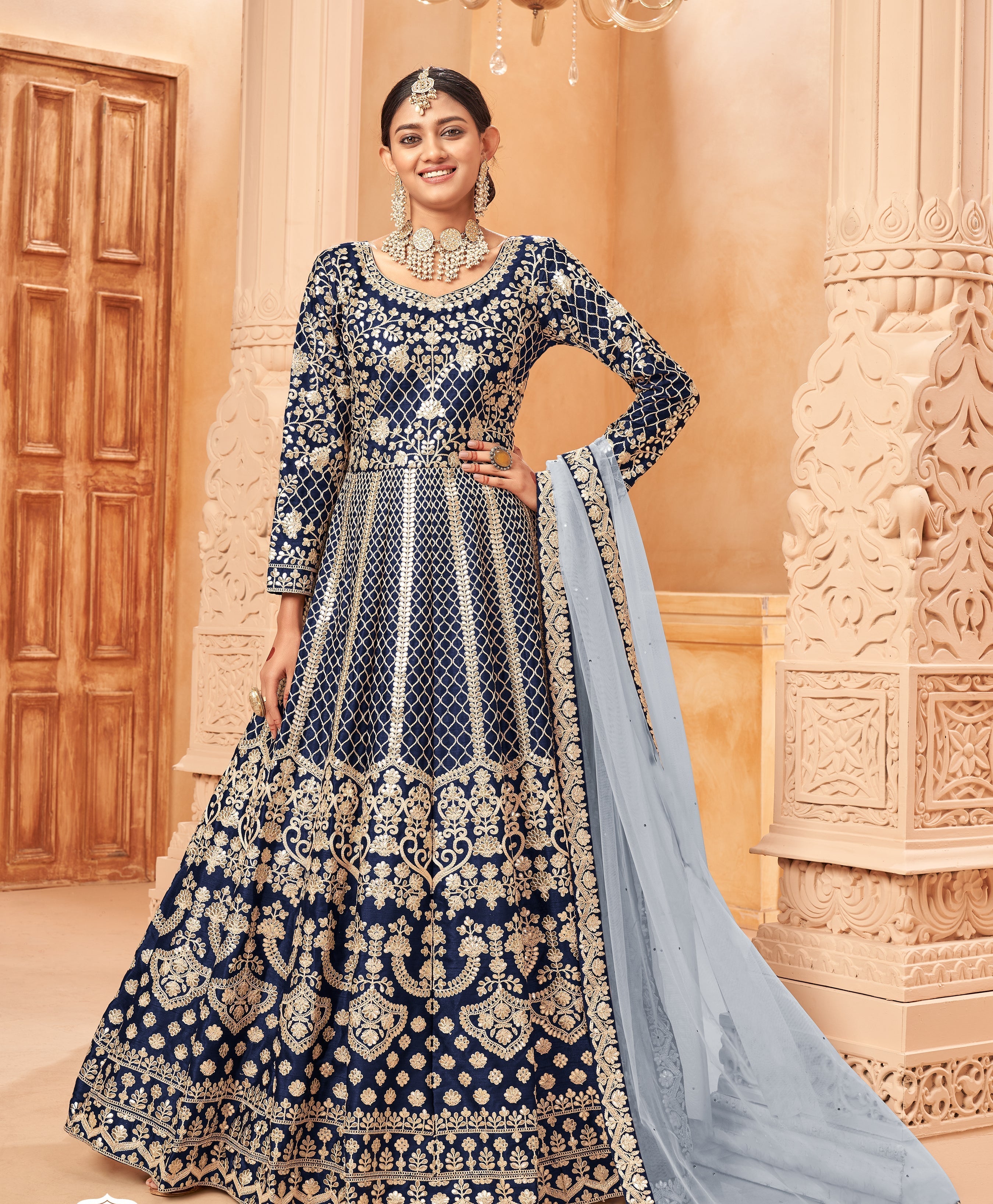 Party Wear Look Designer Anarkali Gown, Bottom And Dupatta